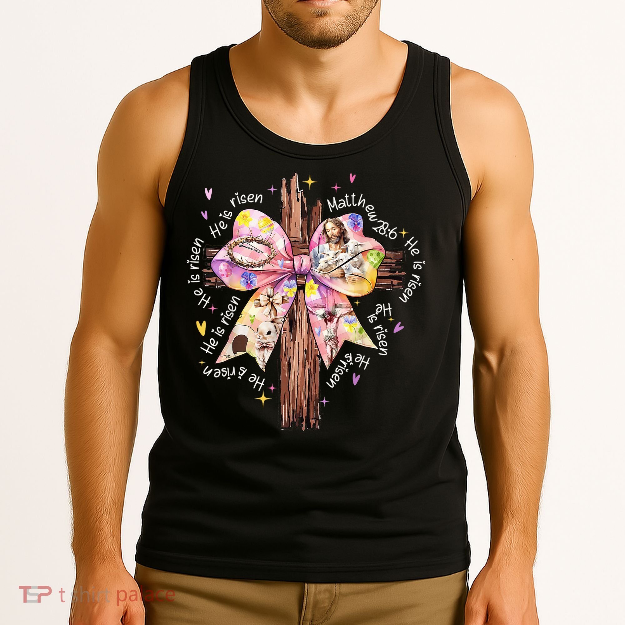 He Is Risen Jesus Christian Cross Bow Easter Girl Tank Top