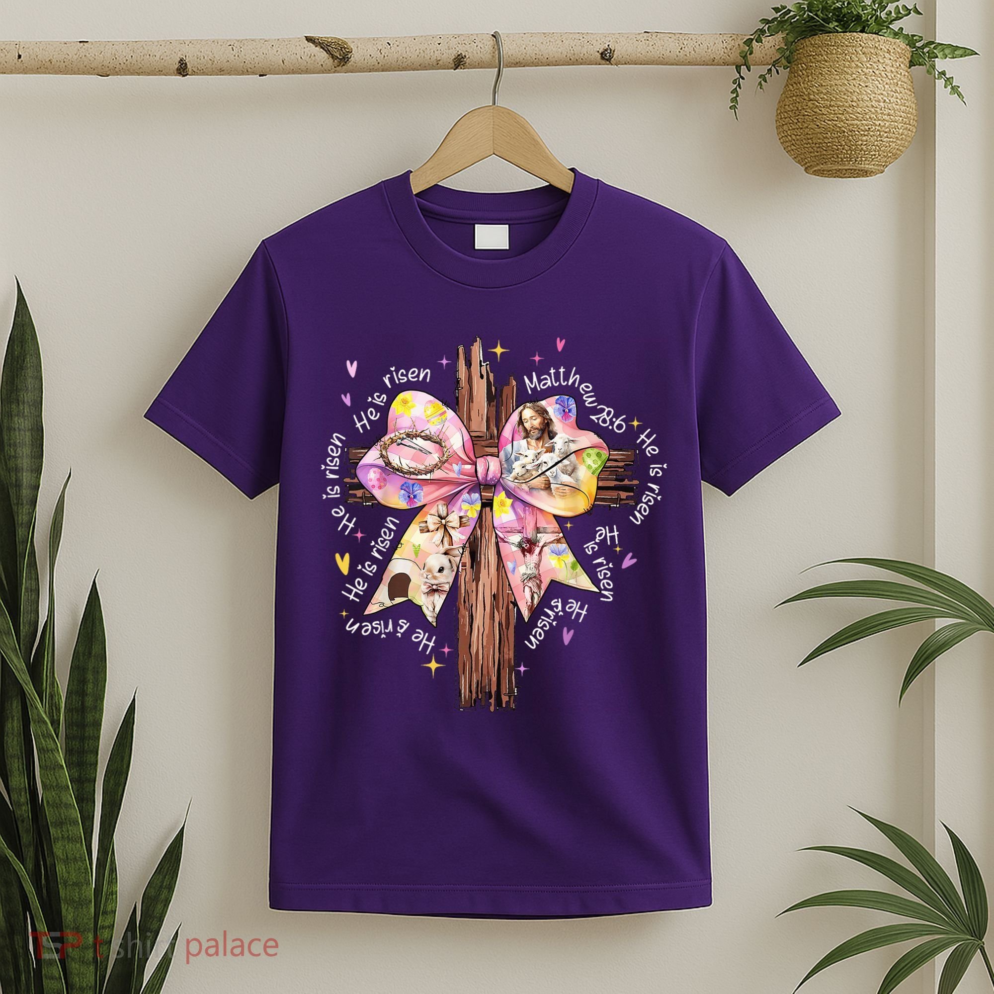 He Is Risen Jesus Christian Cross Bow Easter Girl T-Shirt