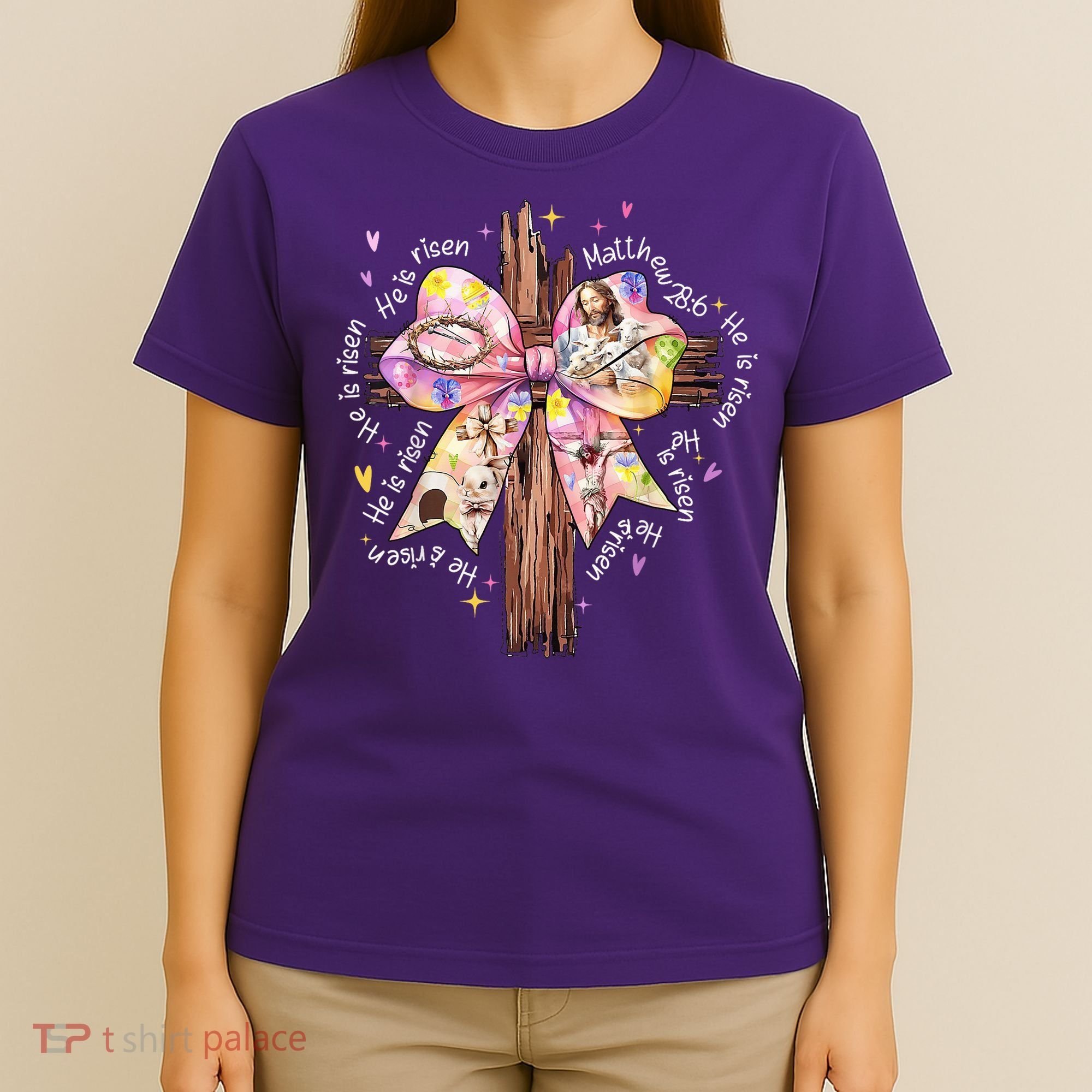He Is Risen Jesus Christian Cross Bow Easter Girl T-Shirt