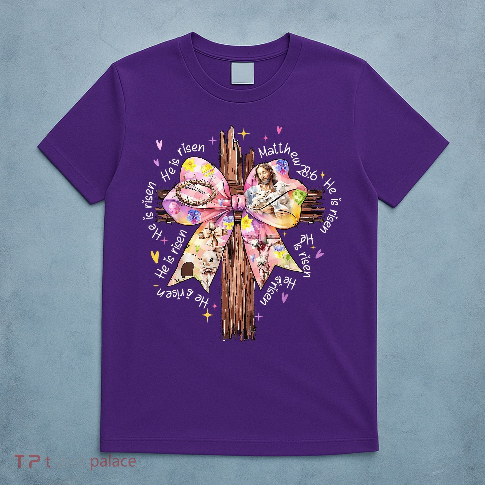 He Is Risen Jesus Christian Cross Bow Easter Girl T-Shirt