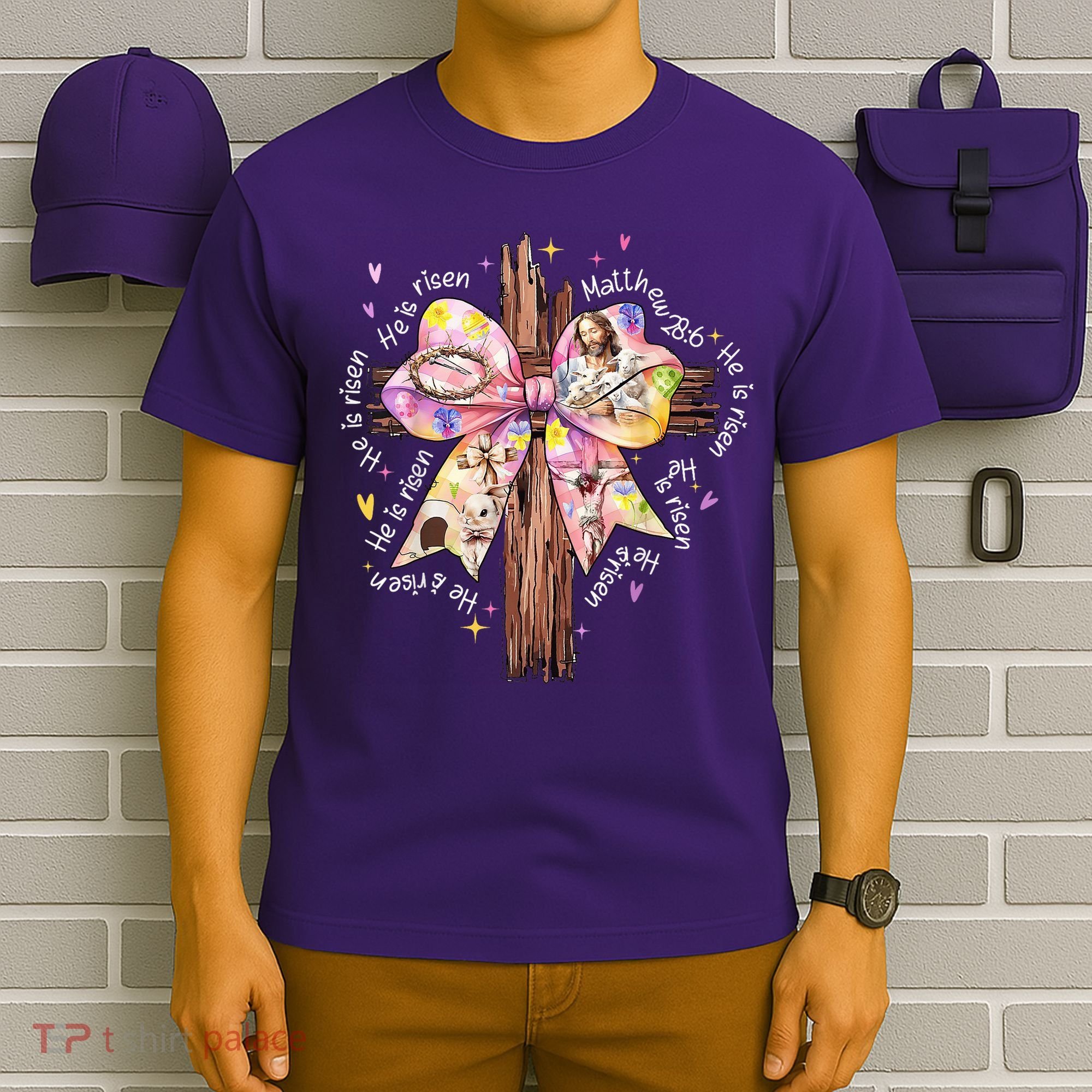 He Is Risen Jesus Christian Cross Bow Easter Girl T-Shirt