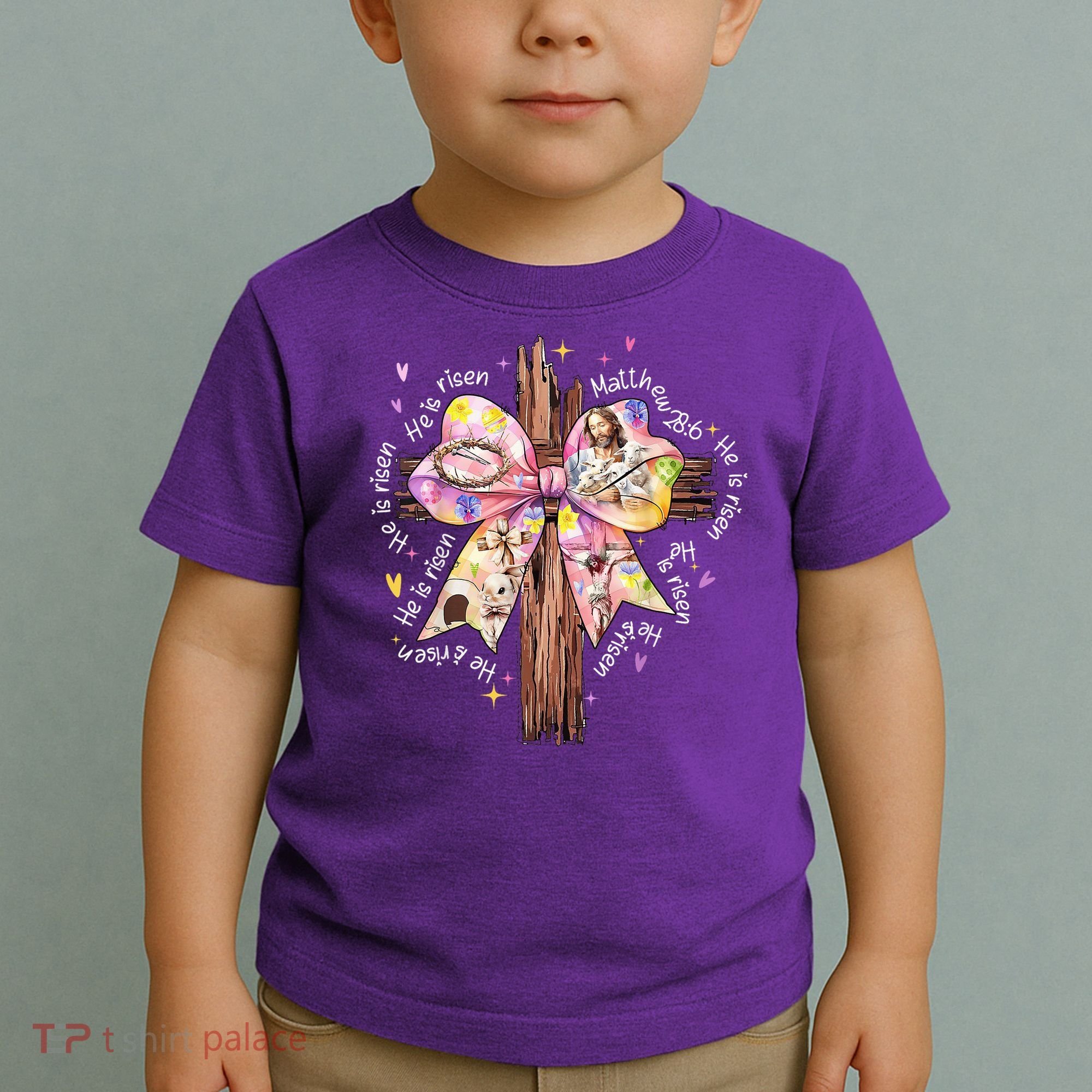 He Is Risen Jesus Christian Cross Bow Easter Girl Toddler T-Shirt