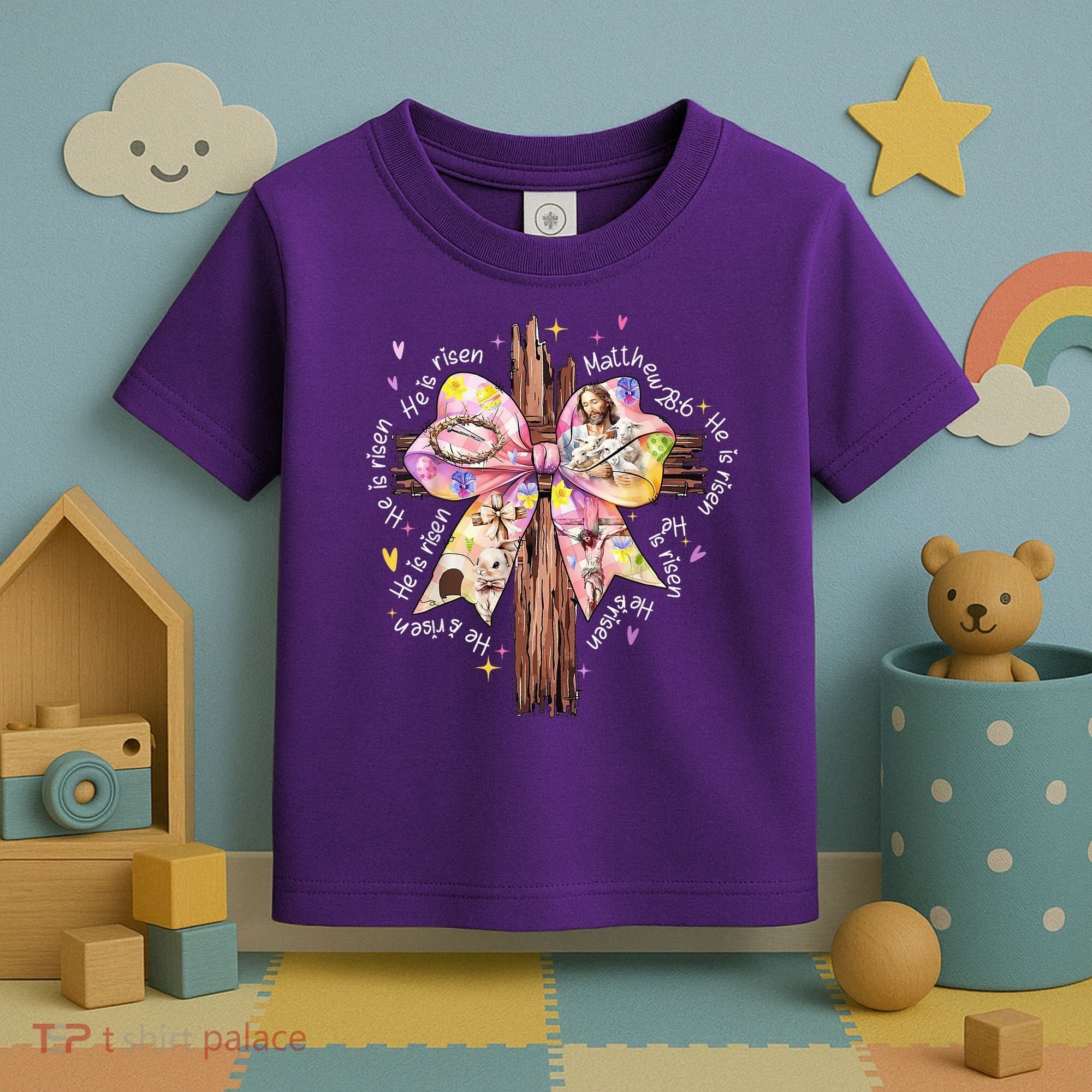 He Is Risen Jesus Christian Cross Bow Easter Girl Toddler T-Shirt