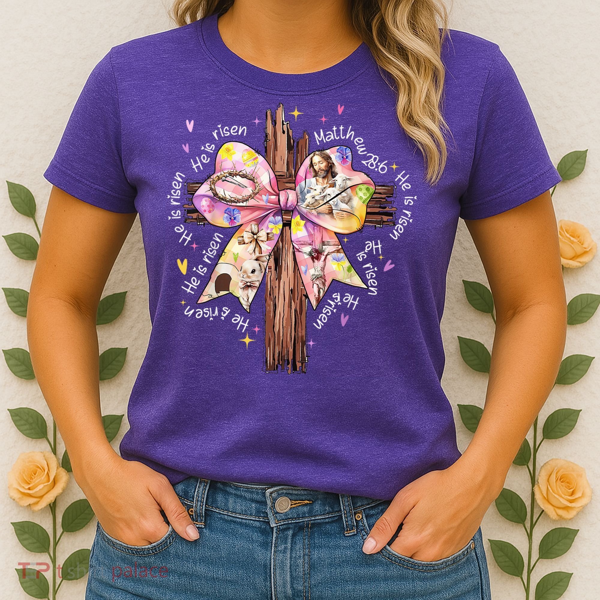 He Is Risen Jesus Christian Cross Bow Easter Girl Women's T-Shirt