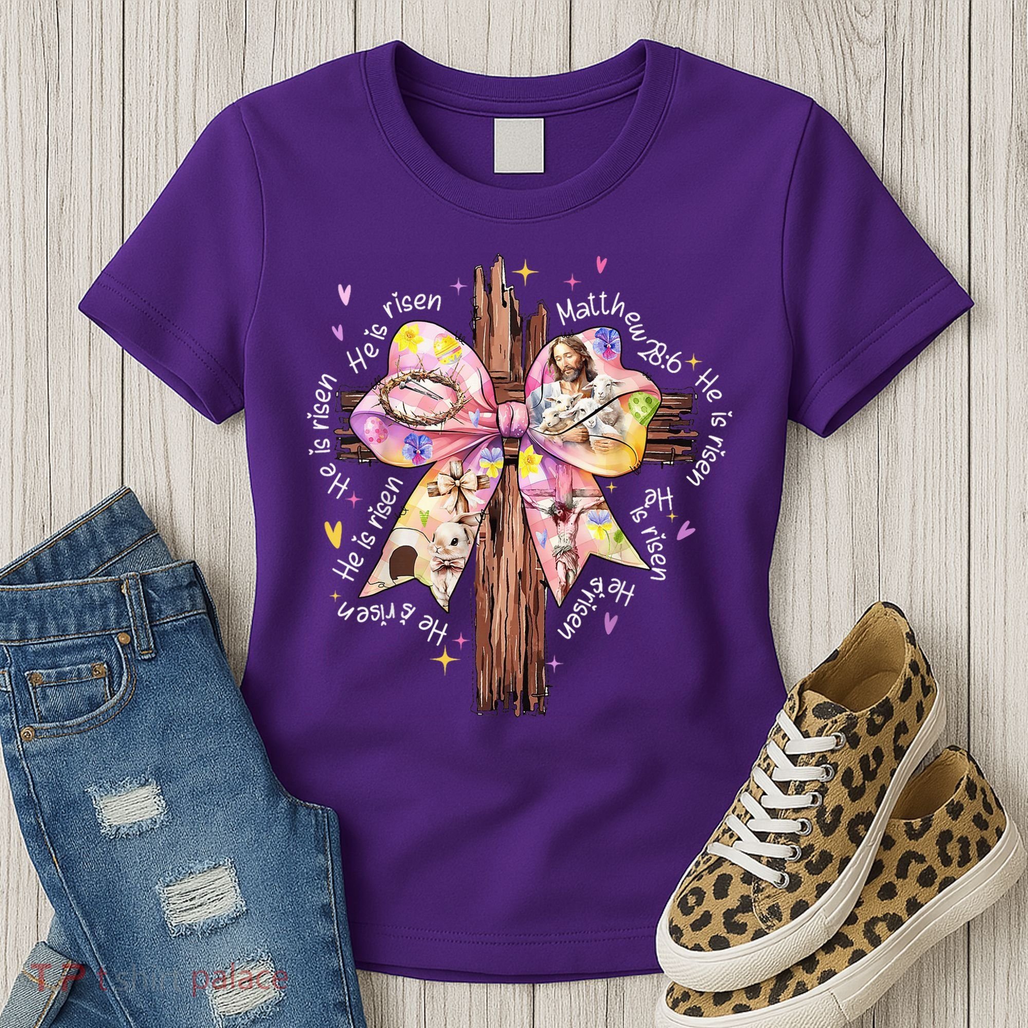 He Is Risen Jesus Christian Cross Bow Easter Girl Women's T-Shirt