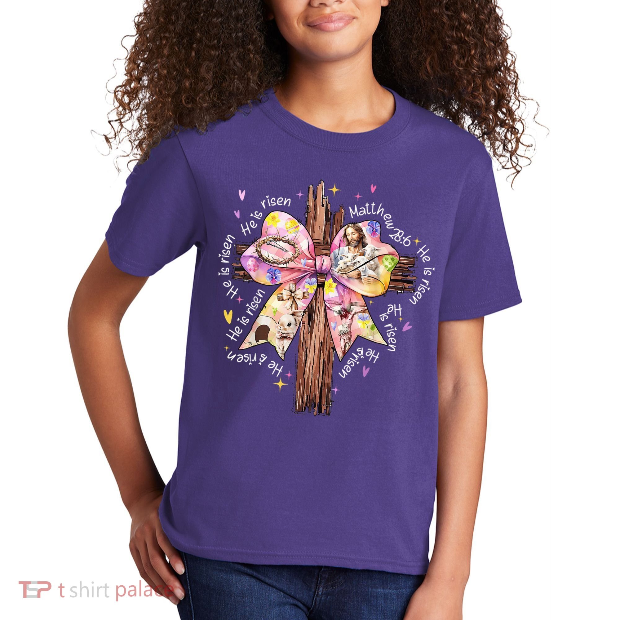 He Is Risen Jesus Christian Cross Bow Easter Girl Kids T-Shirt