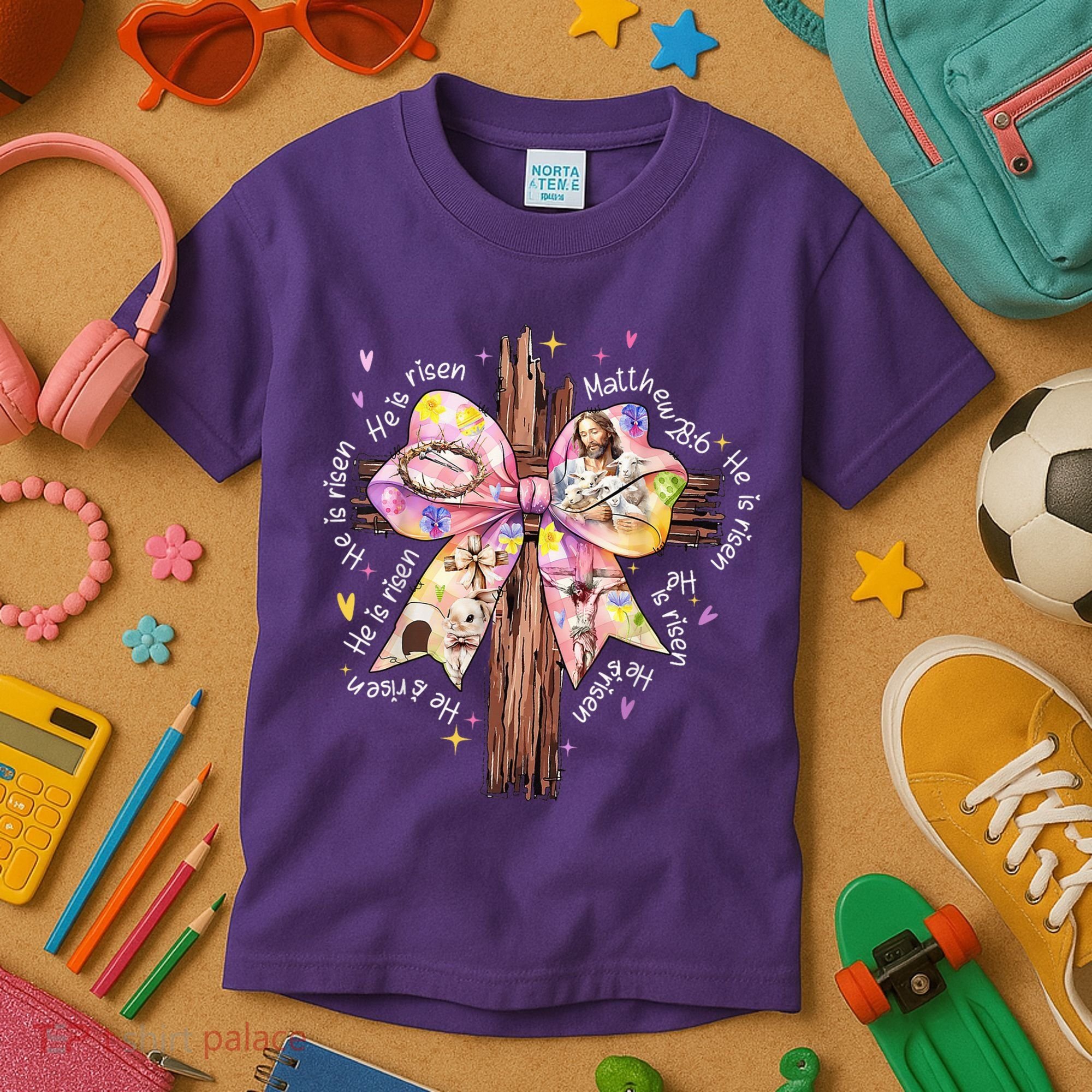 He Is Risen Jesus Christian Cross Bow Easter Girl Kids T-Shirt