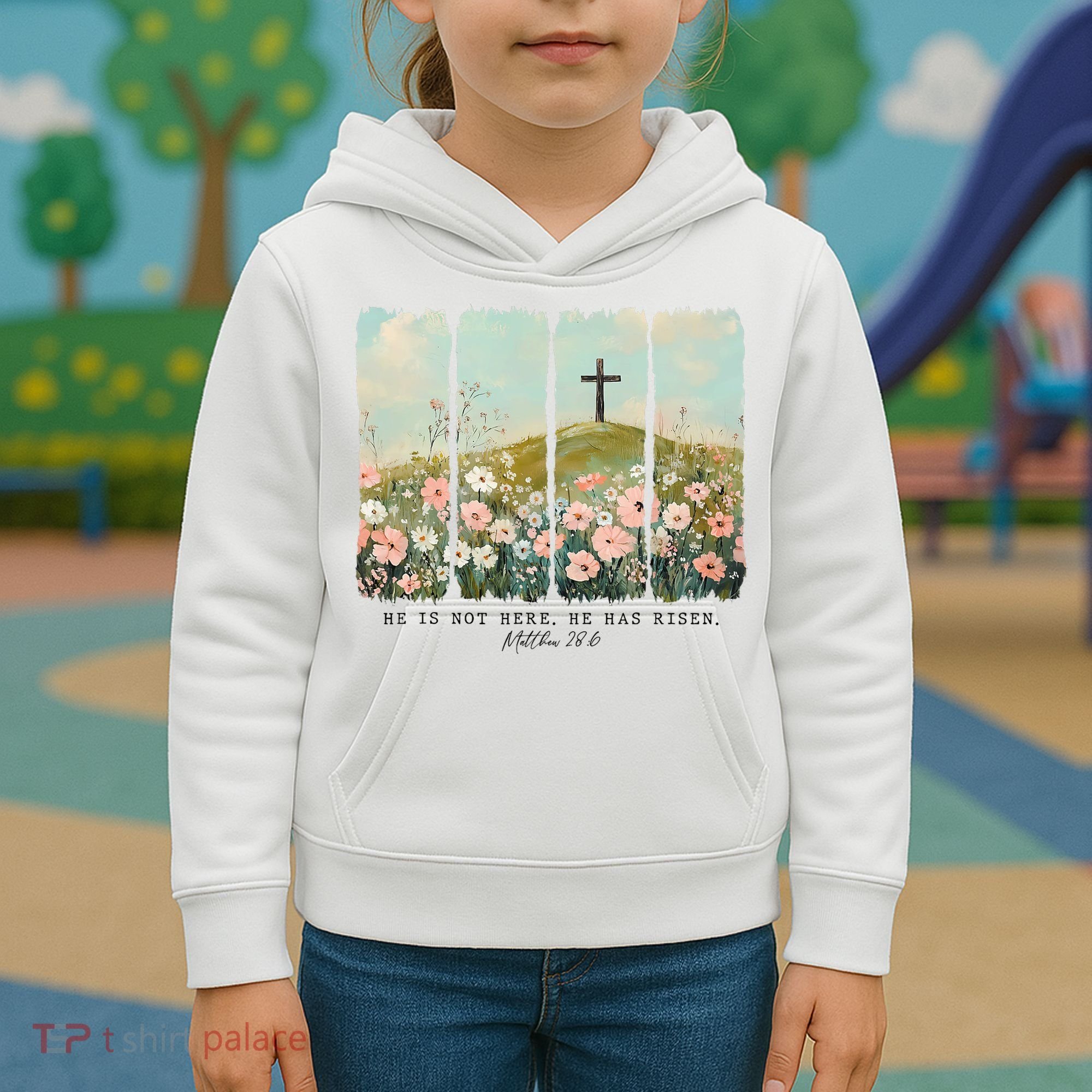 He Is Risen Christian Wildflower Happy Easter Kids Hoodie