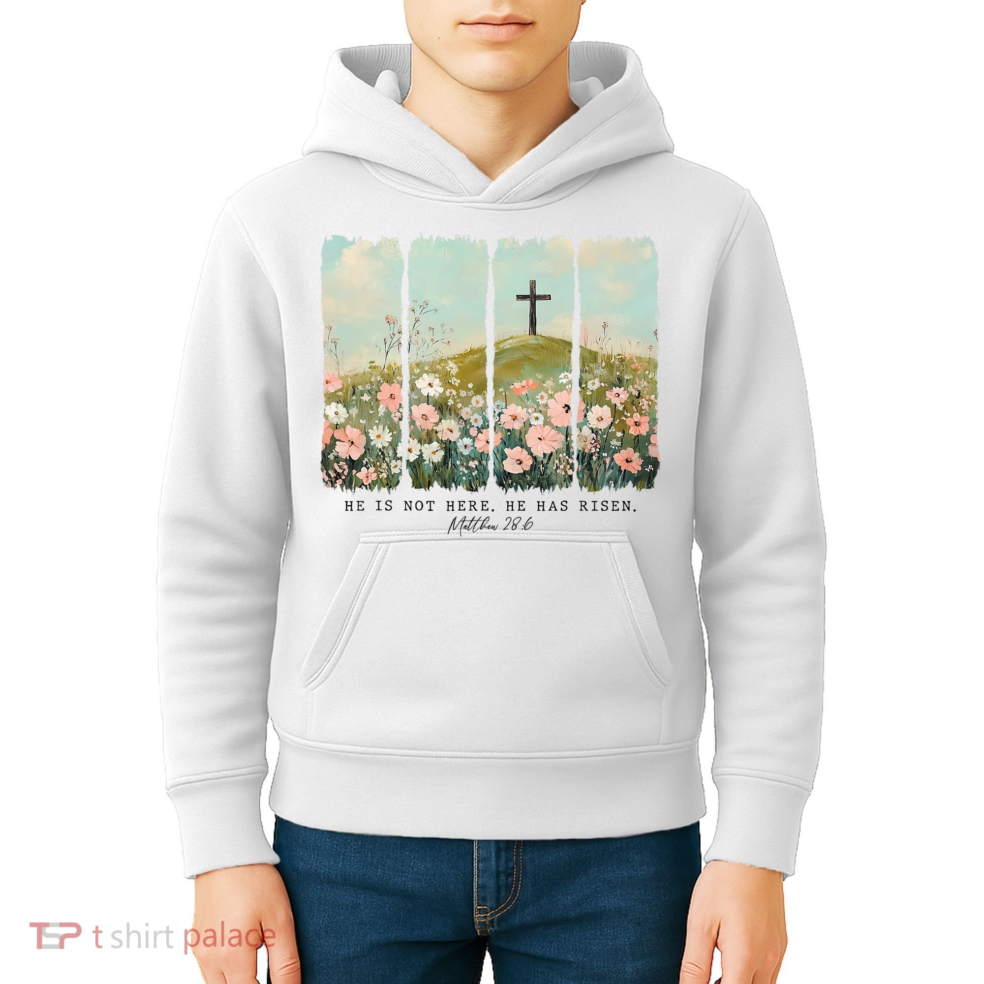 He Is Risen Christian Wildflower Happy Easter Kids Hoodie