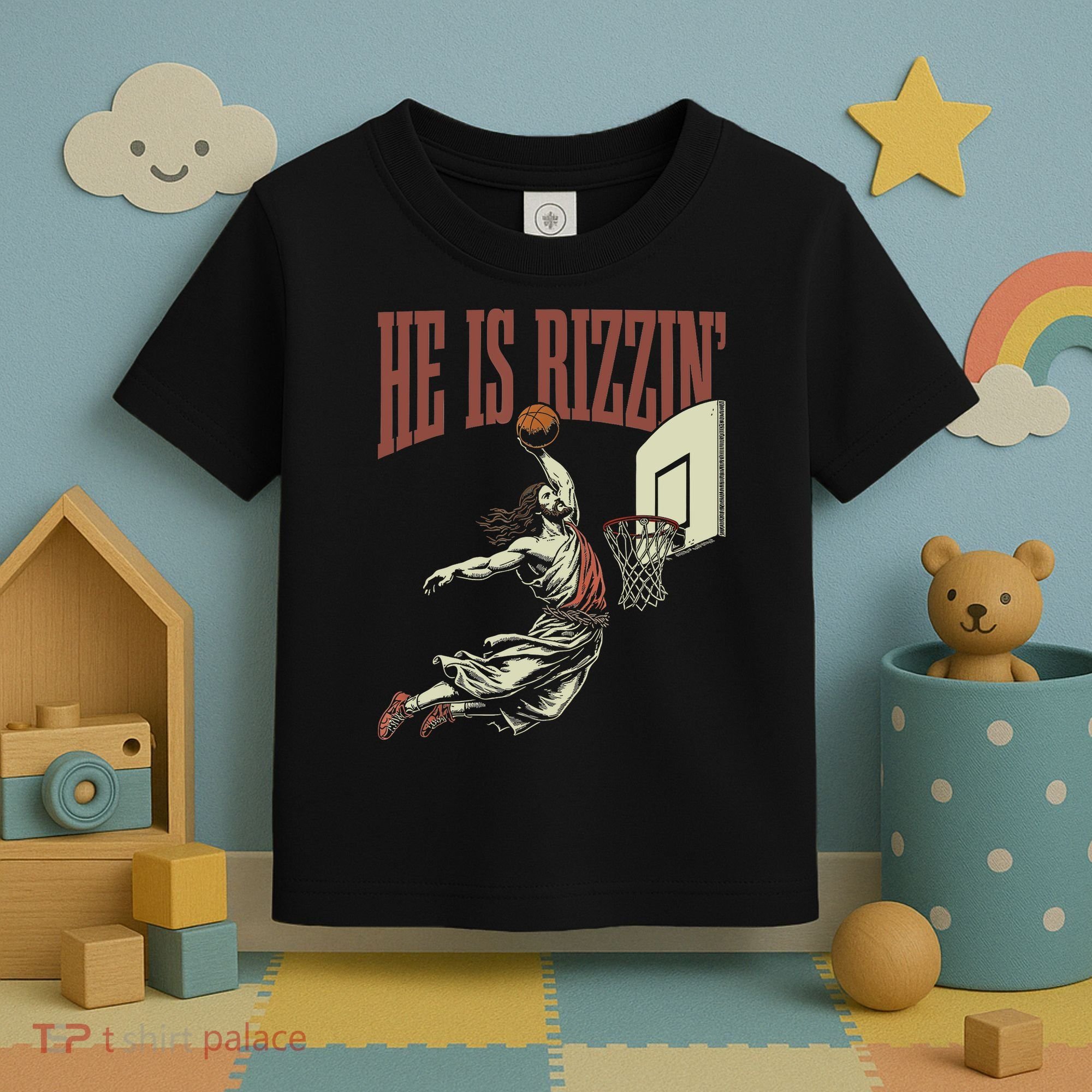 He Is Rizzin Funny Jesus Playing Basketball Meme Easter Toddler T-Shirt