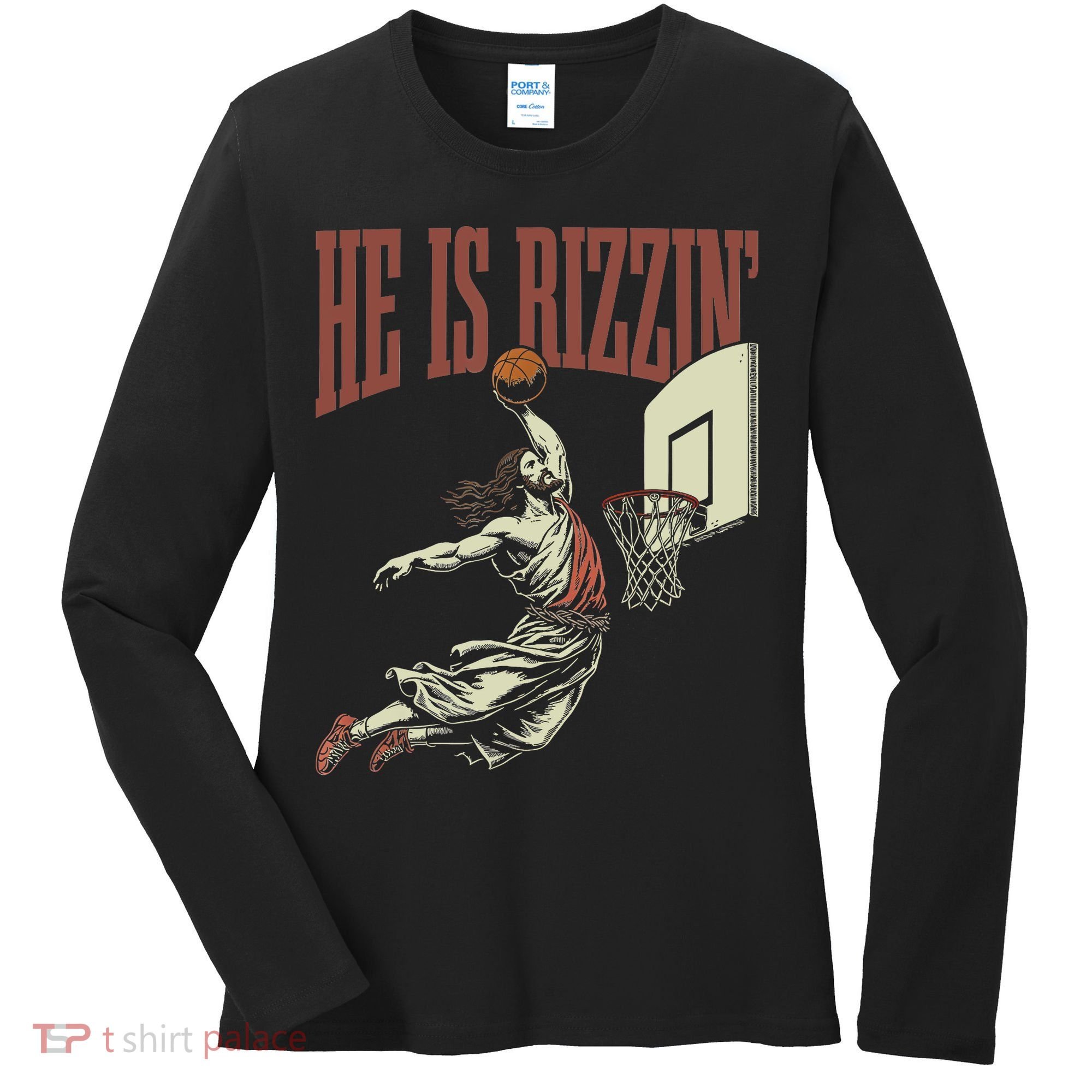 He Is Rizzin Funny Jesus Playing Basketball Meme Easter Women's Long Sleeve Shirt