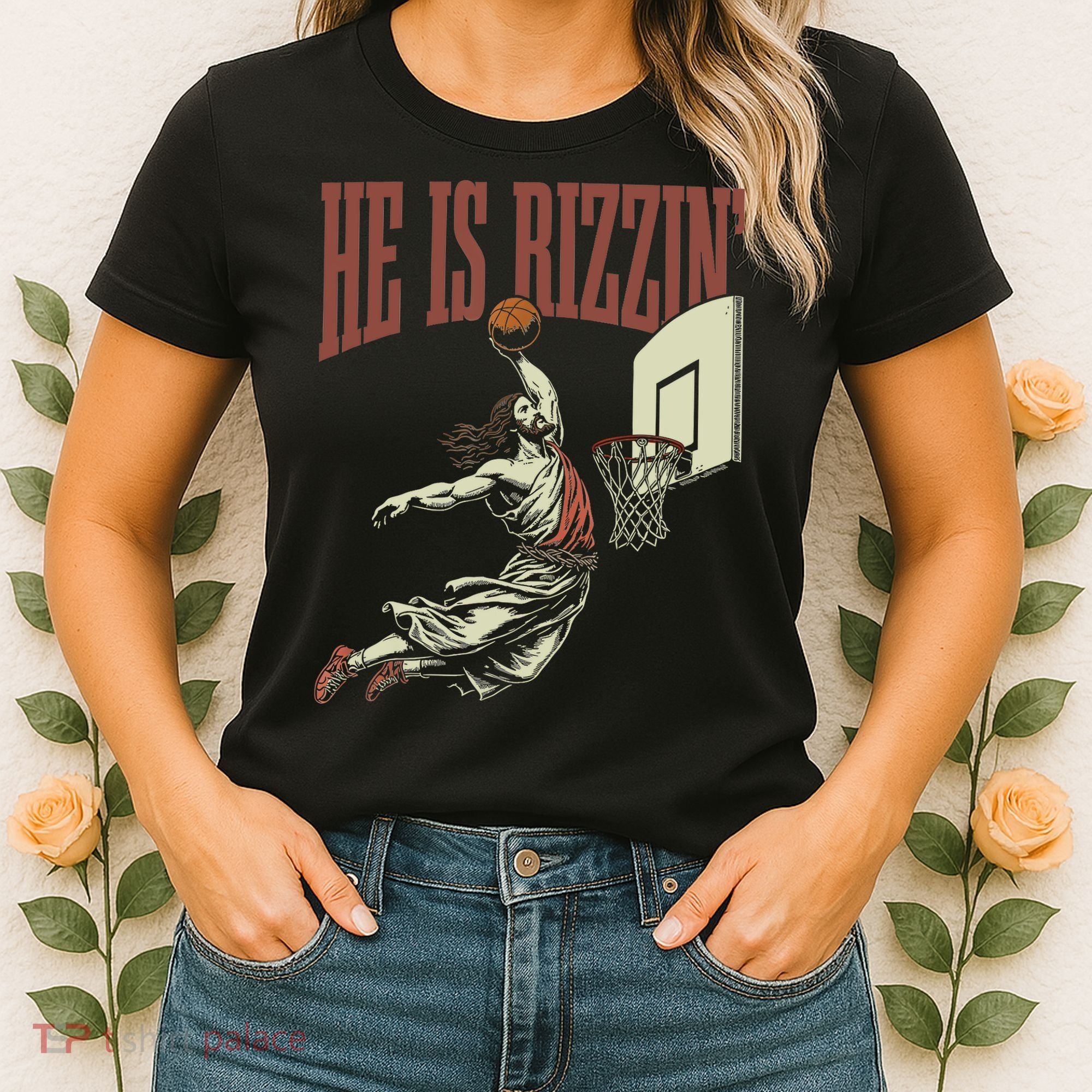 He Is Rizzin Funny Jesus Playing Basketball Meme Easter Women's T-Shirt