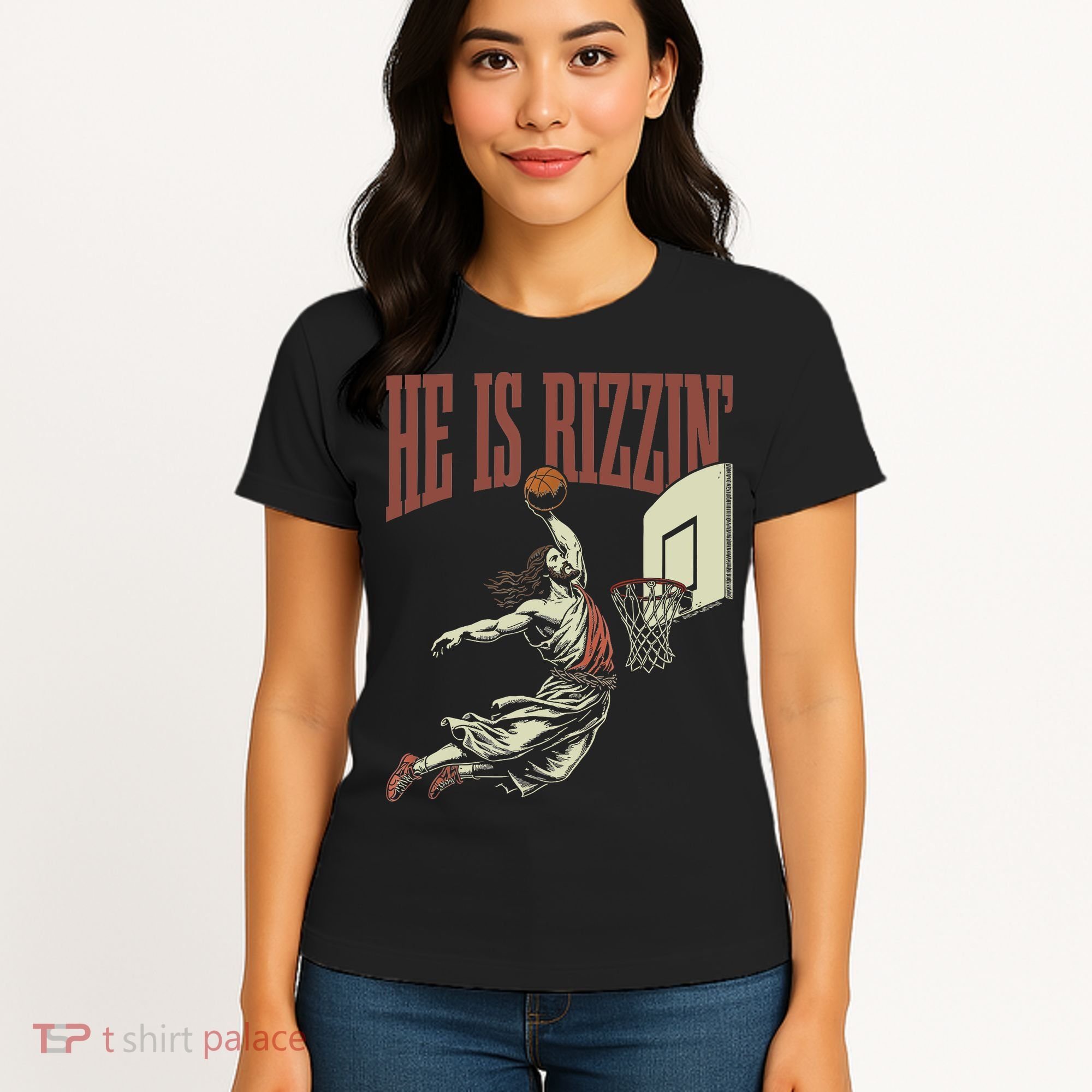 He Is Rizzin Funny Jesus Playing Basketball Meme Easter Women's T-Shirt
