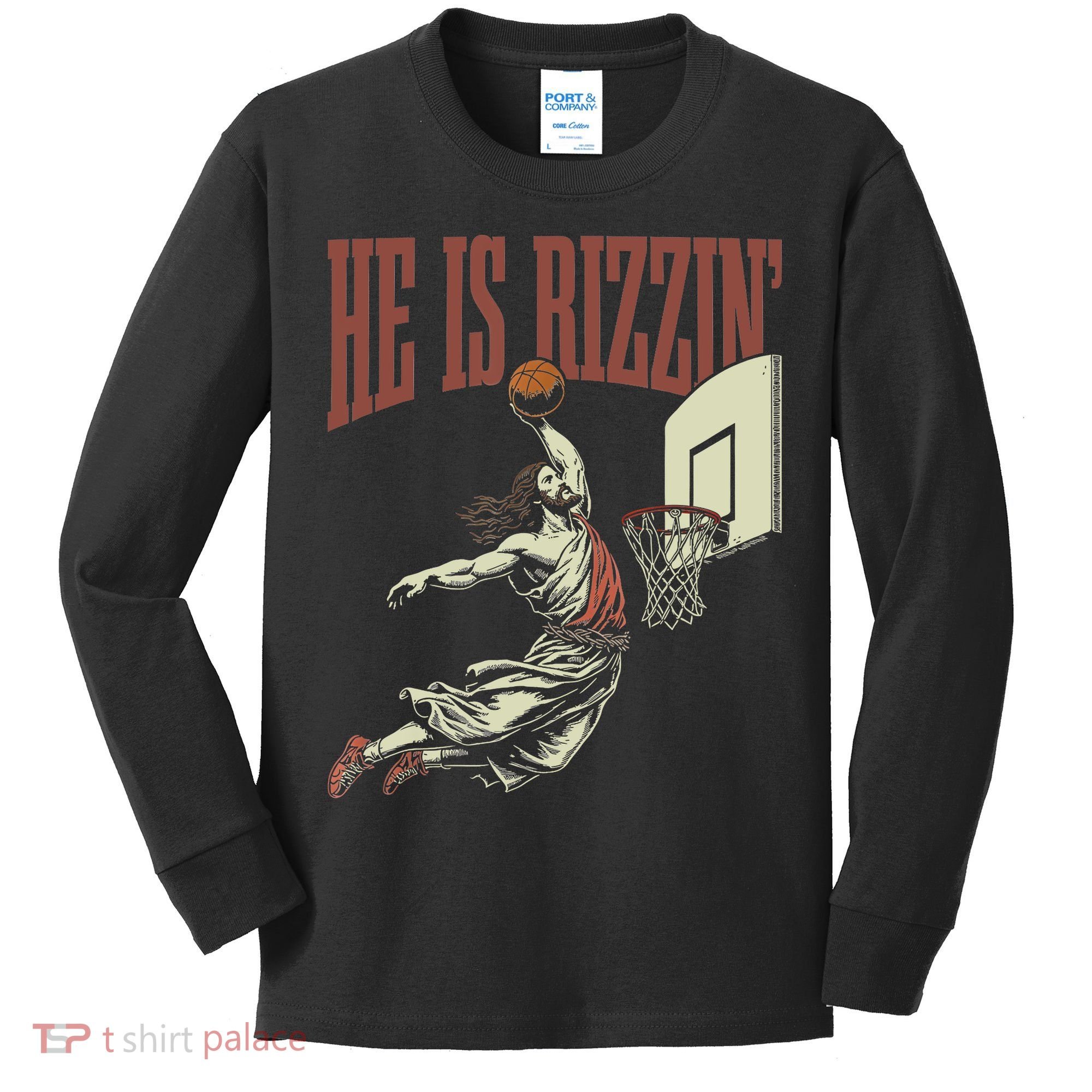 He Is Rizzin Funny Jesus Playing Basketball Meme Easter Kids Long Sleeve Shirt