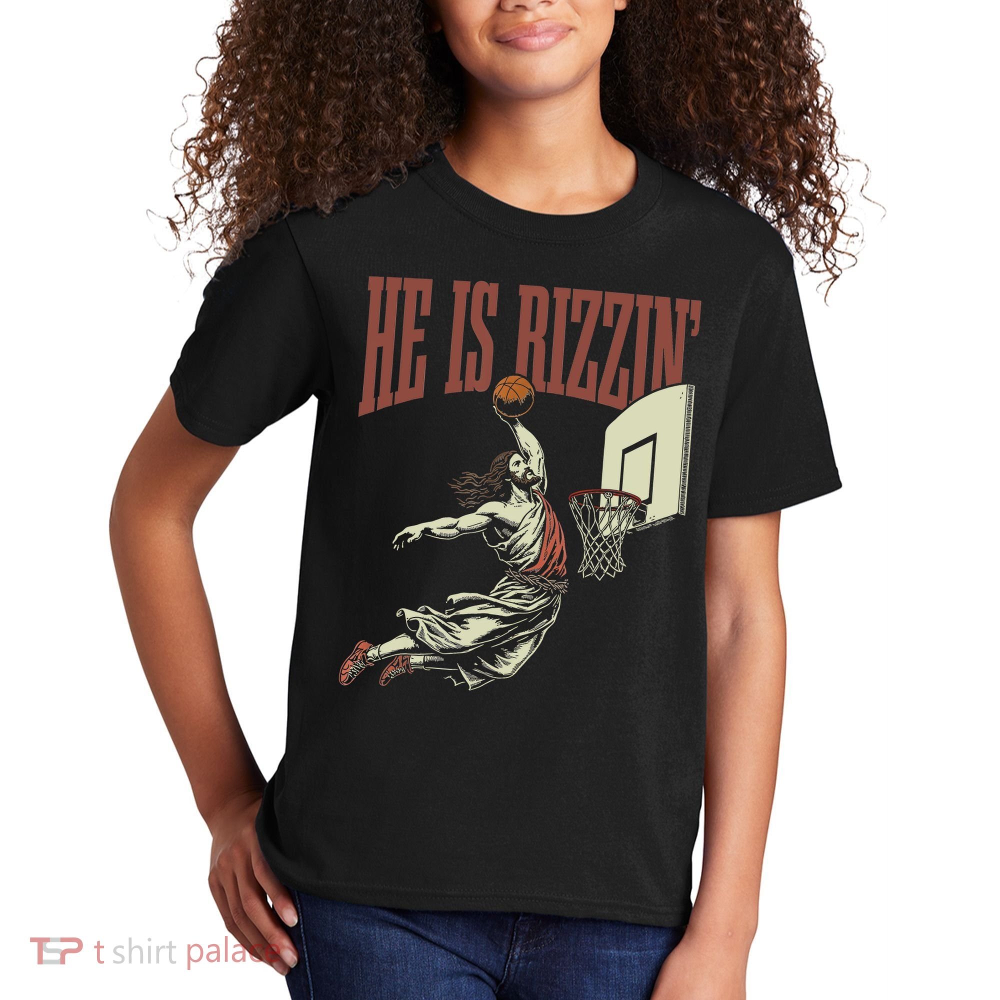 He Is Rizzin Funny Jesus Playing Basketball Meme Easter Kids T-Shirt