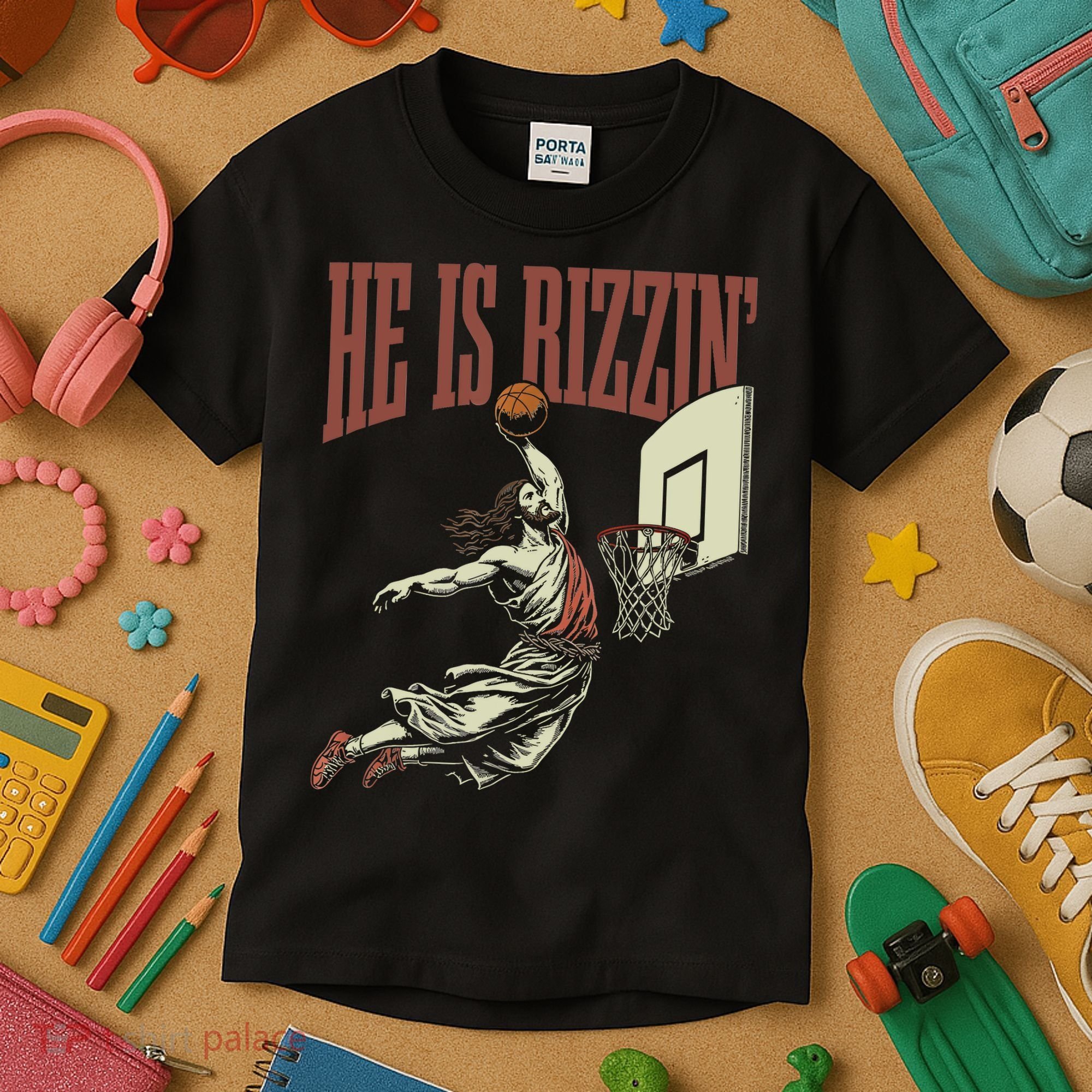 He Is Rizzin Funny Jesus Playing Basketball Meme Easter Kids T-Shirt