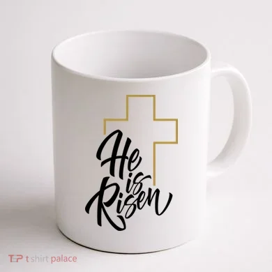 He Is Risen Easter Cross Christian Coffee Mug back