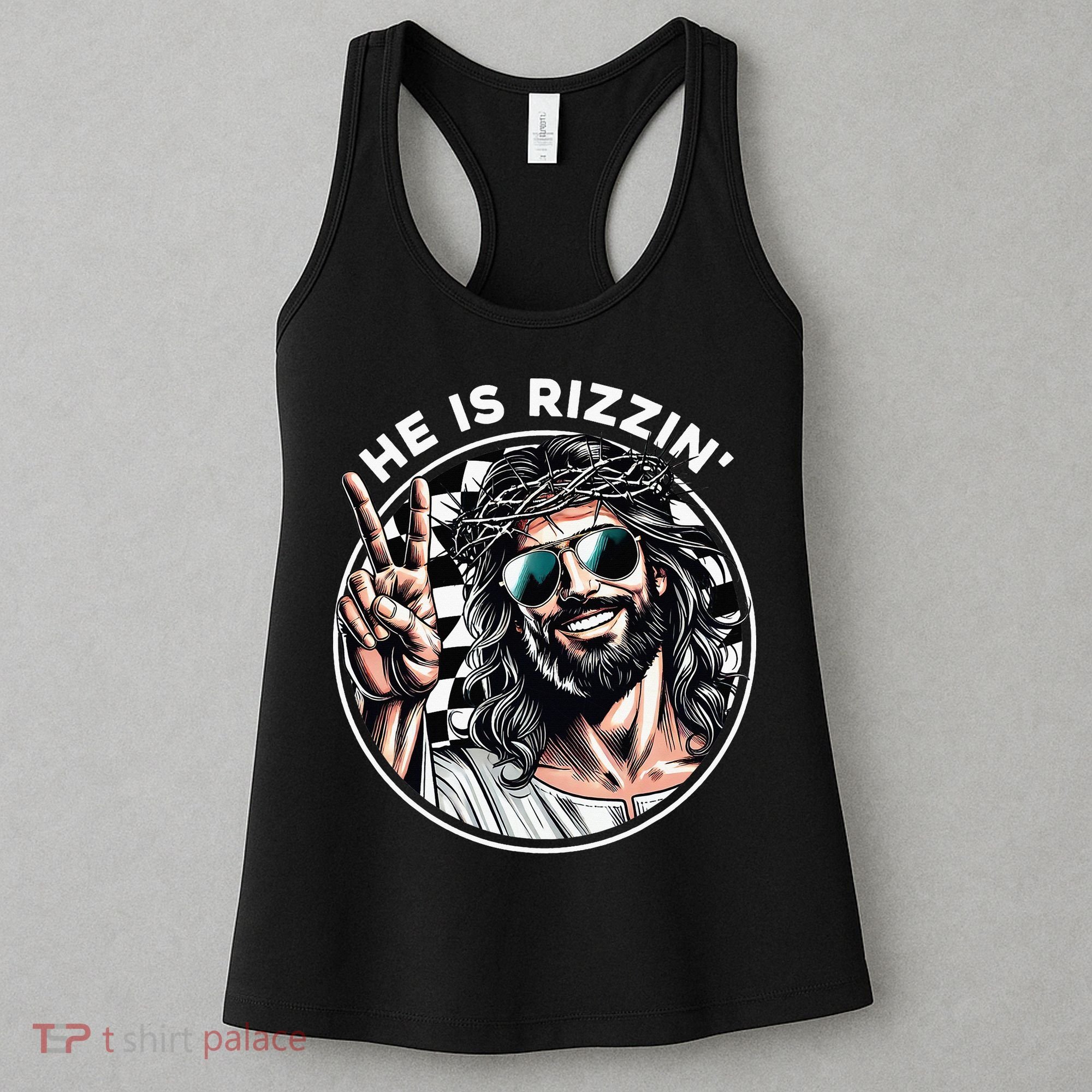 He Is Rizzin' Jesus Christian Happy Easter Hunt Eggs Funny Women's Tank Top