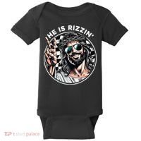 He Is Rizzin' Jesus Christian Happy Easter Hunt Eggs Funny Baby Bodysuit thumb 0