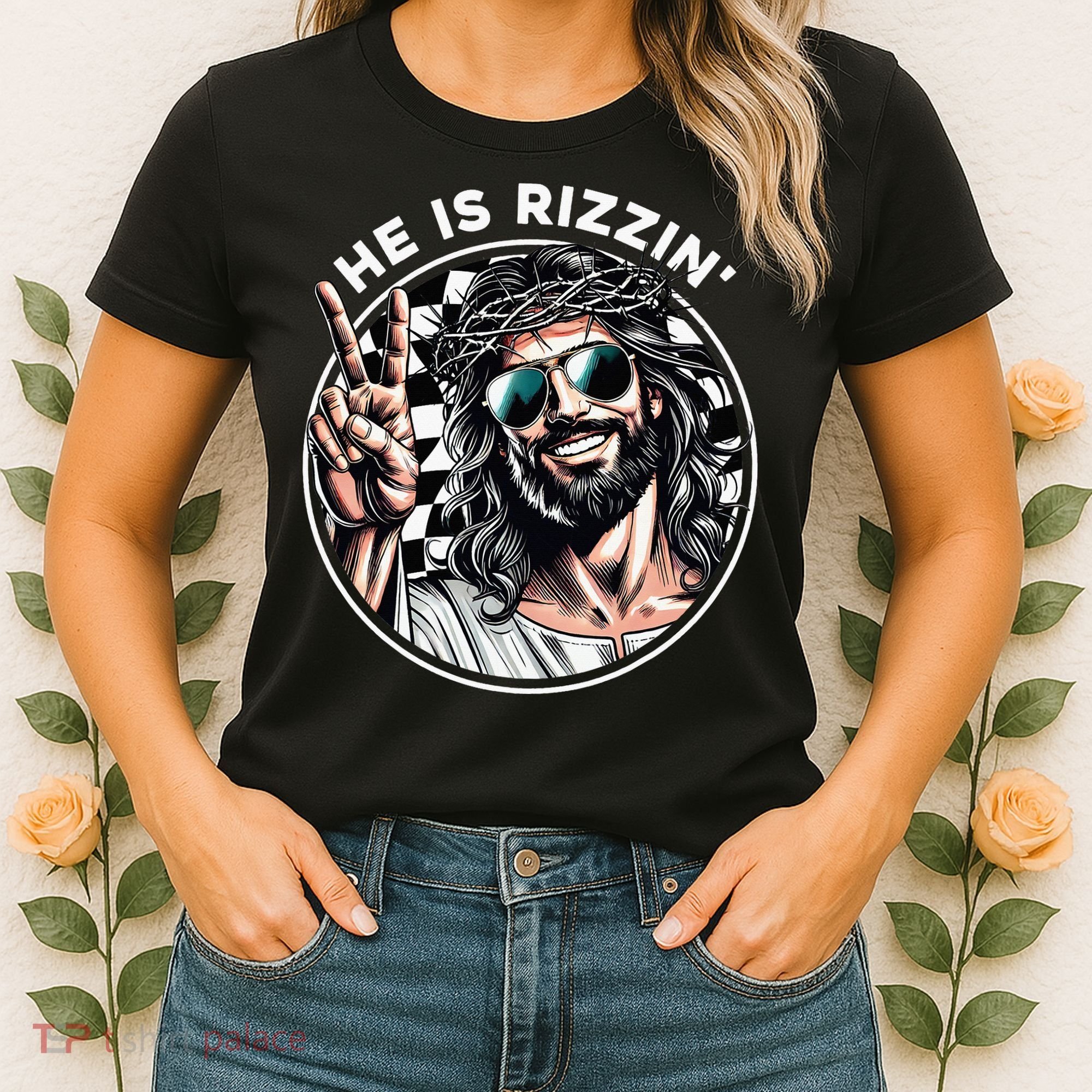 He Is Rizzin' Jesus Christian Happy Easter Hunt Eggs Funny Women's T-Shirt