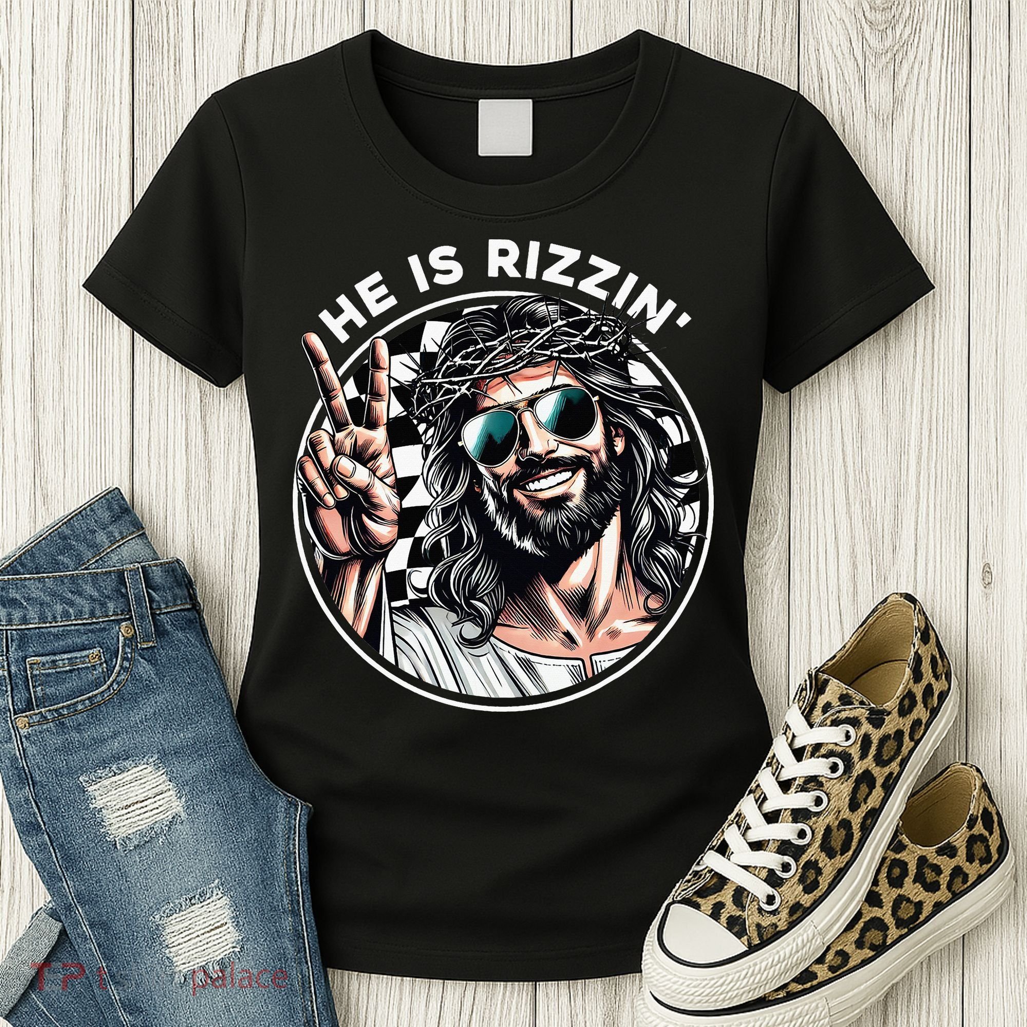 He Is Rizzin' Jesus Christian Happy Easter Hunt Eggs Funny Women's T-Shirt