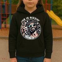 He Is Rizzin' Jesus Christian Happy Easter Hunt Eggs Funny Kids Hoodie thumb 3