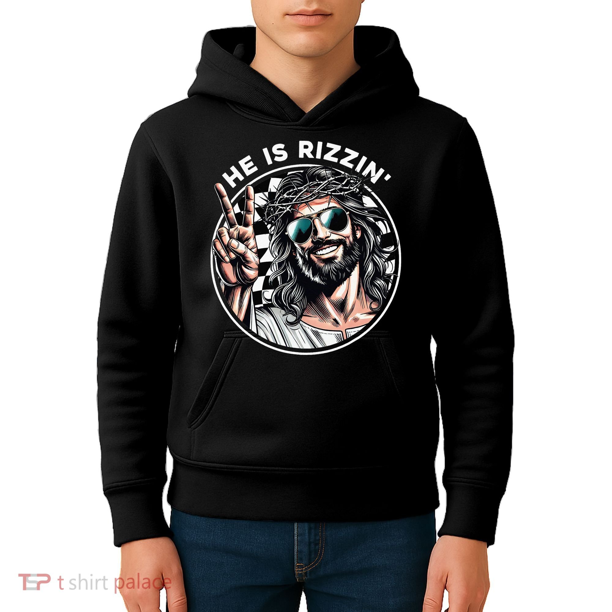 He Is Rizzin' Jesus Christian Happy Easter Hunt Eggs Funny Kids Hoodie