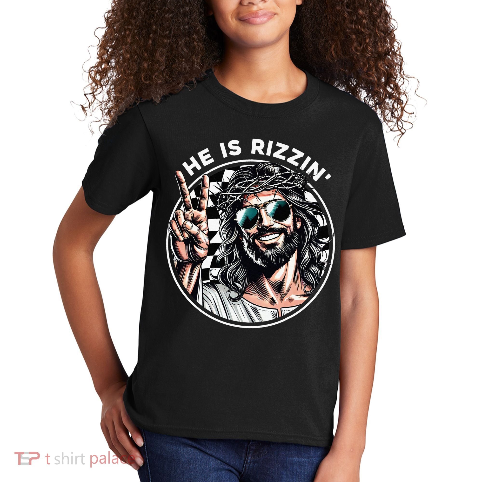 He Is Rizzin' Jesus Christian Happy Easter Hunt Eggs Funny Kids T-Shirt