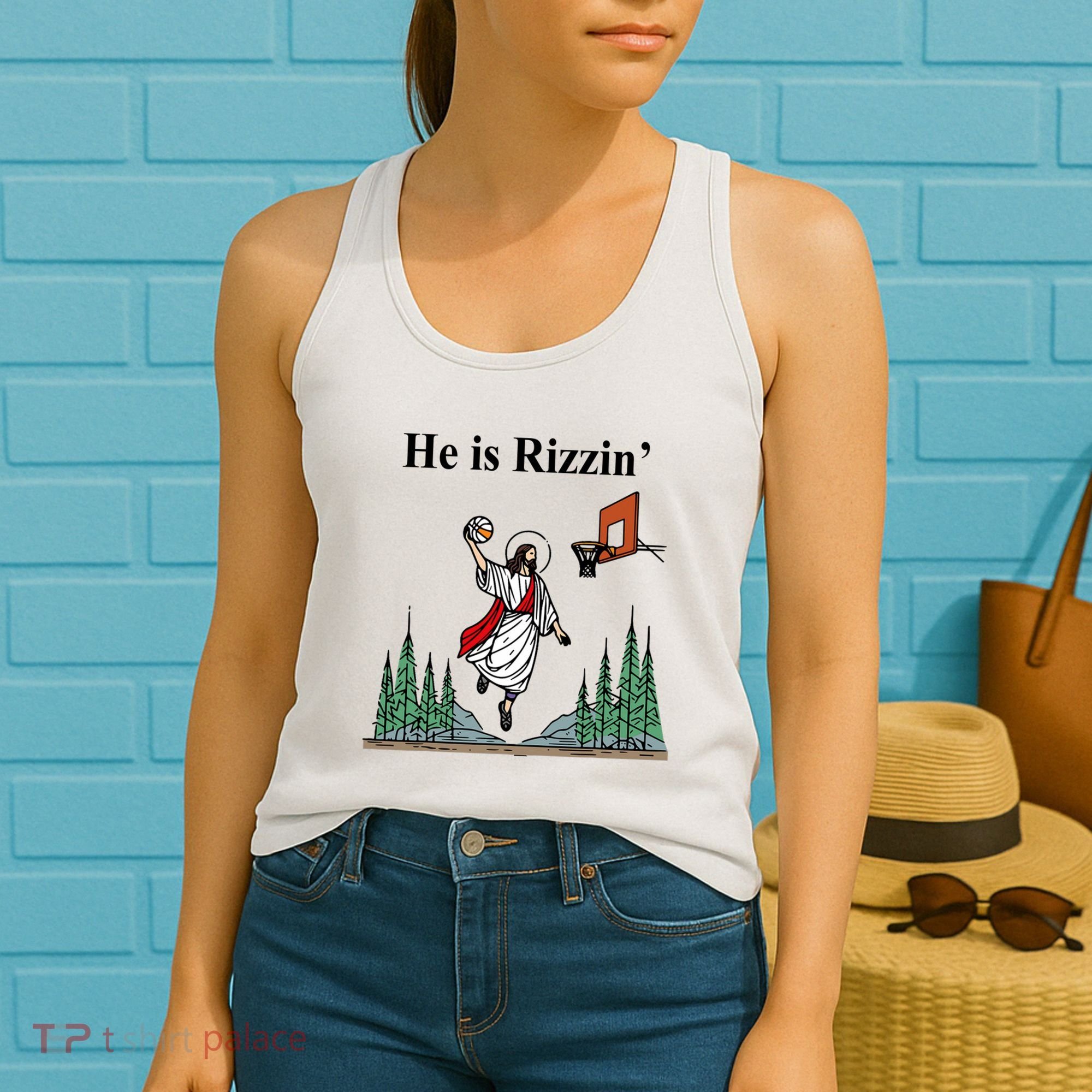 He Is Rizzin Funny Jesus Playing Basketball Meme Women's Tank Top