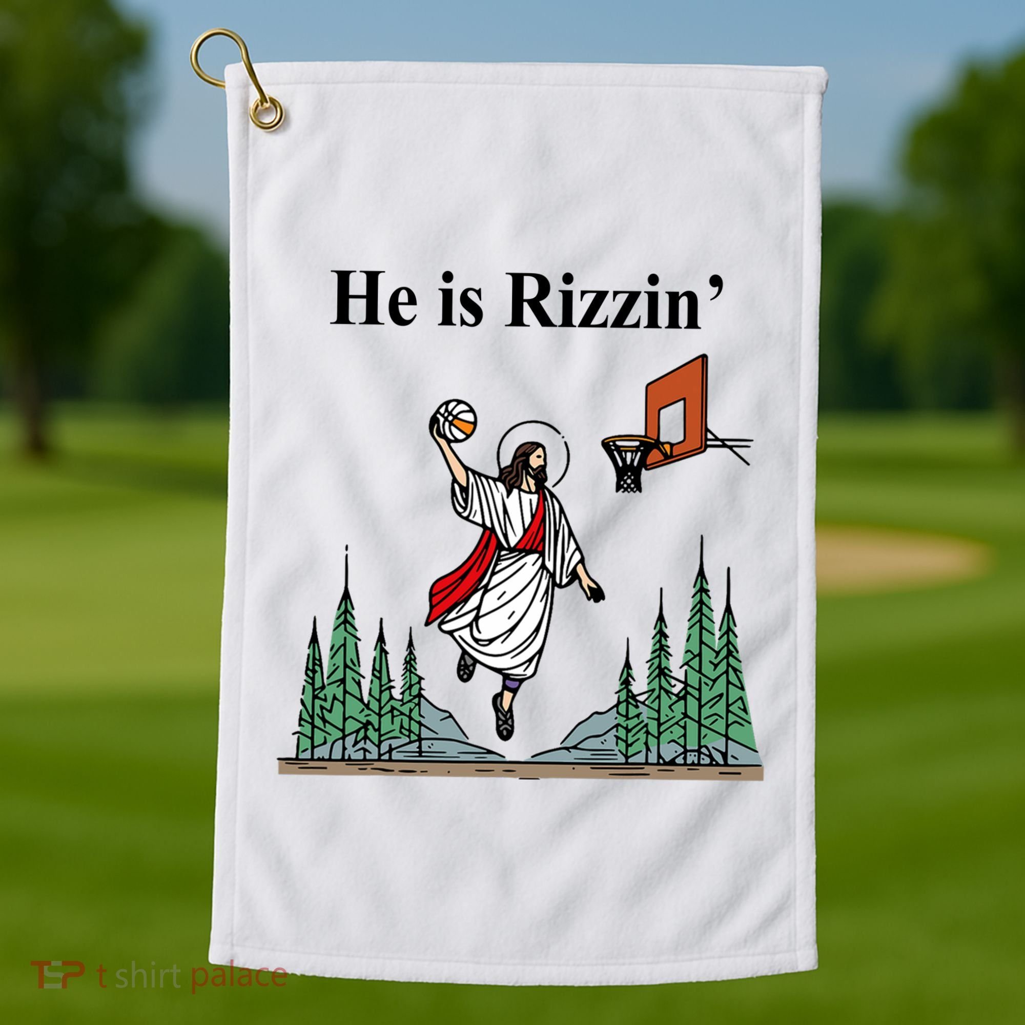 He Is Rizzin Funny Jesus Playing Basketball Meme Golf Towel
