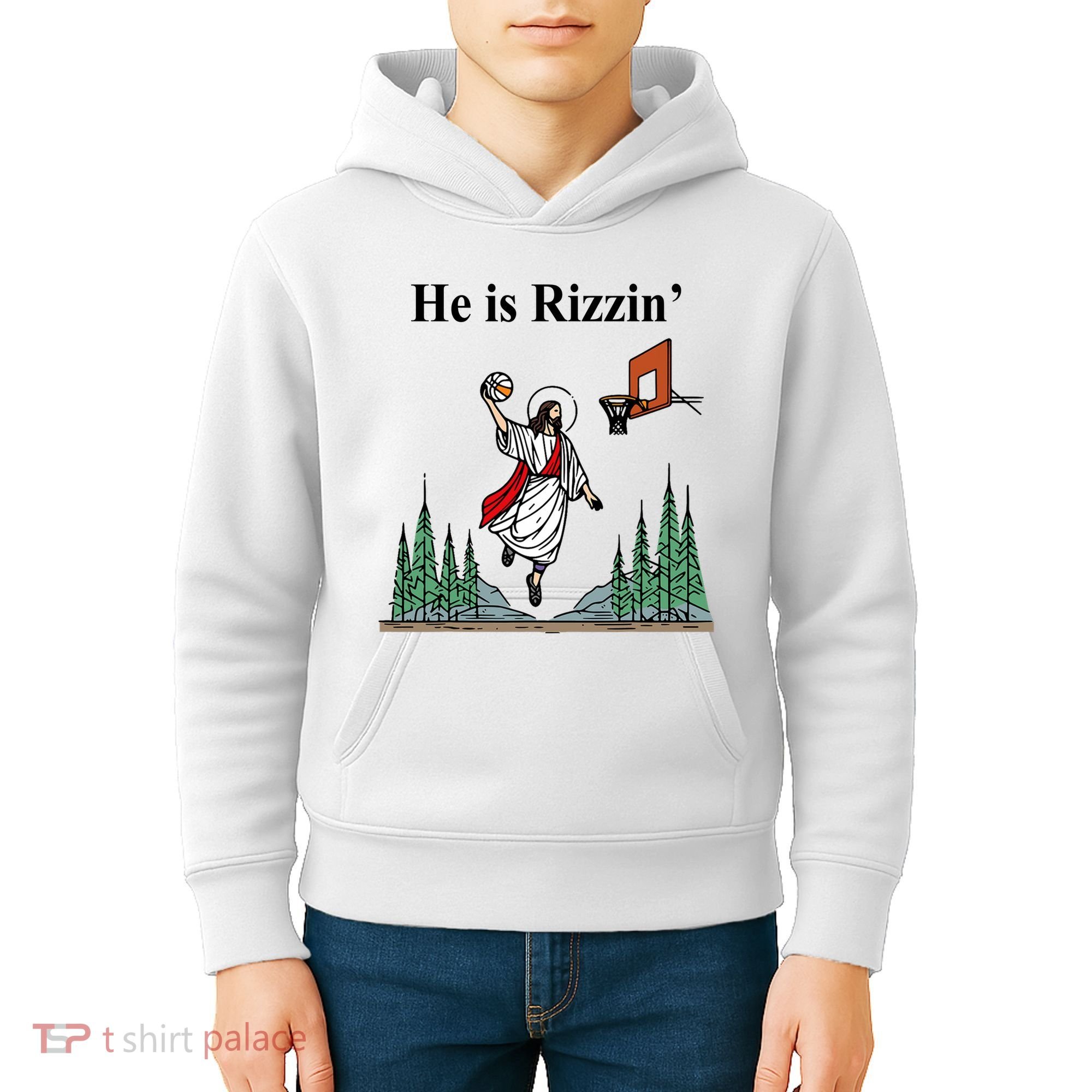 He Is Rizzin Funny Jesus Playing Basketball Meme Kids Hoodie