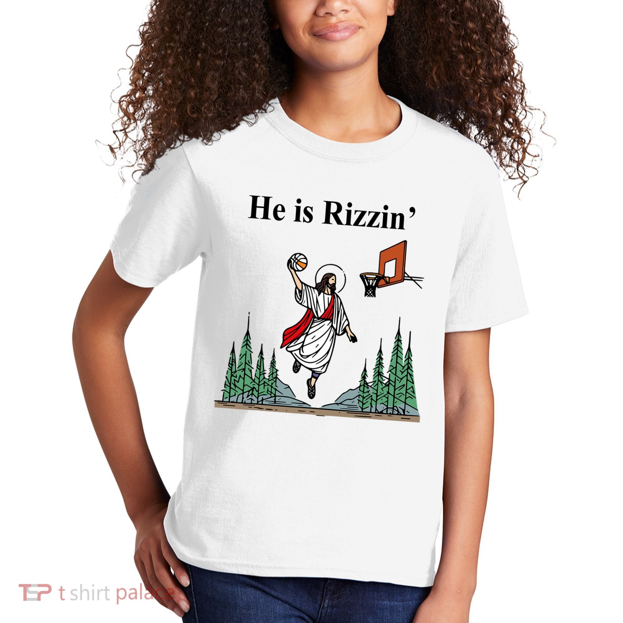 He Is Rizzin Funny Jesus Playing Basketball Meme Kids T-Shirt
