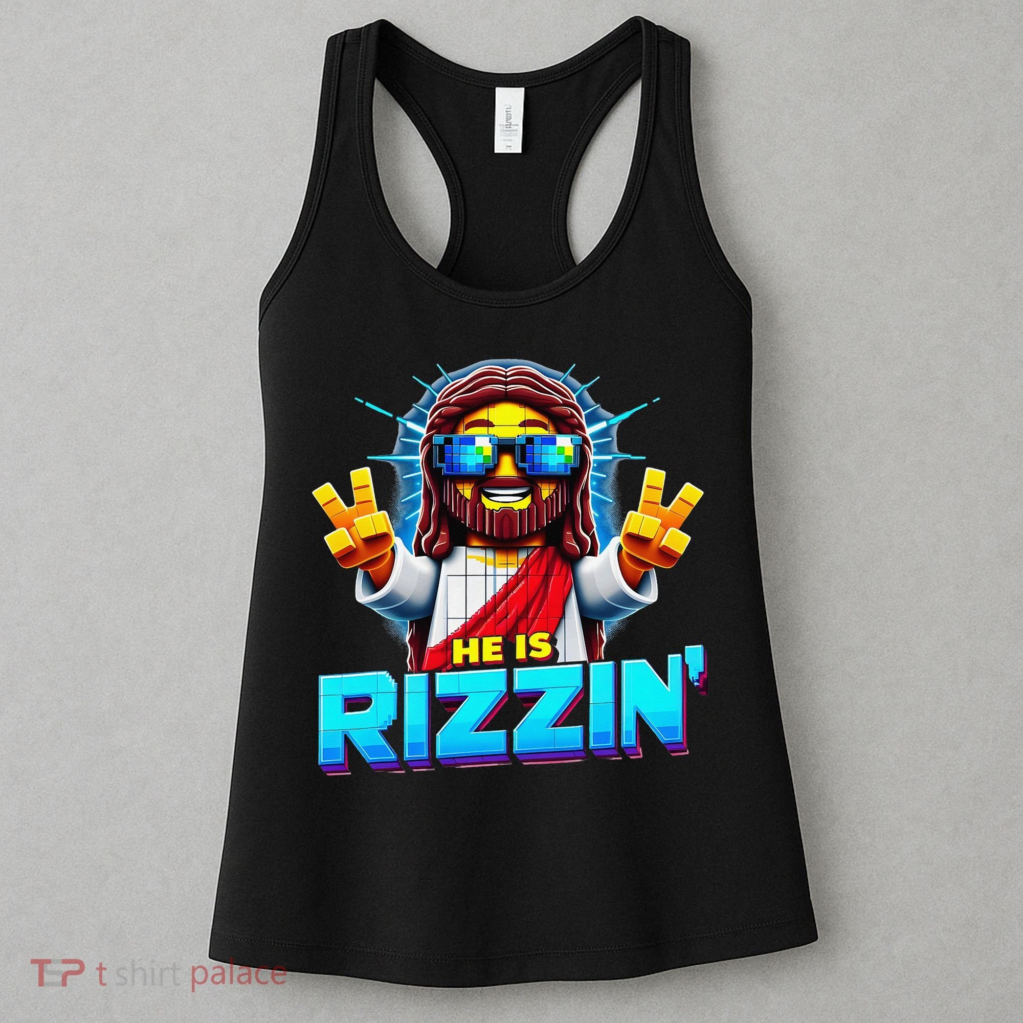 He Is Rizzen Jesus Has Rizzen Retro Christian Pixel Gaming Gift Women's Tank Top