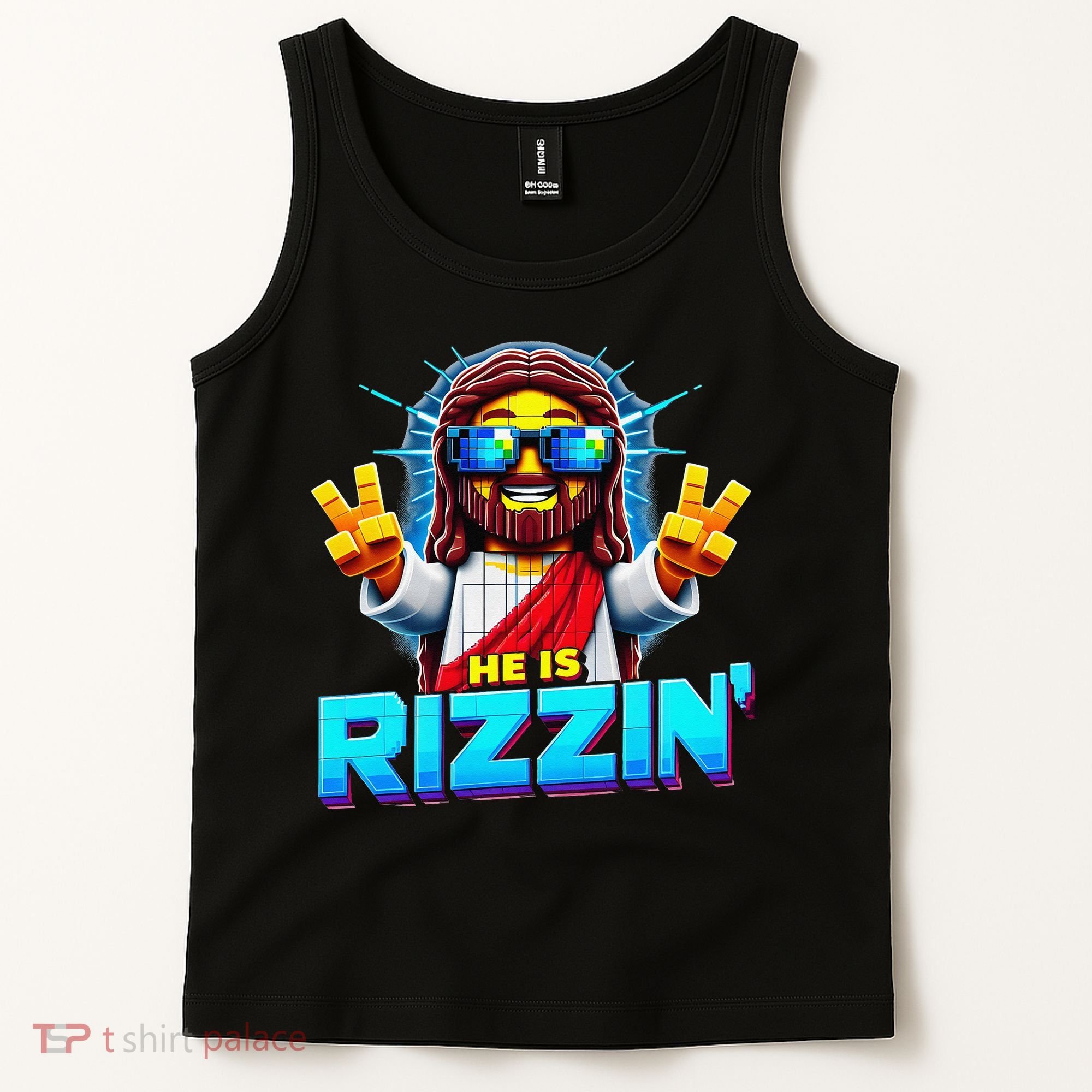 He Is Rizzen Jesus Has Rizzen Retro Christian Pixel Gaming Gift Tank Top