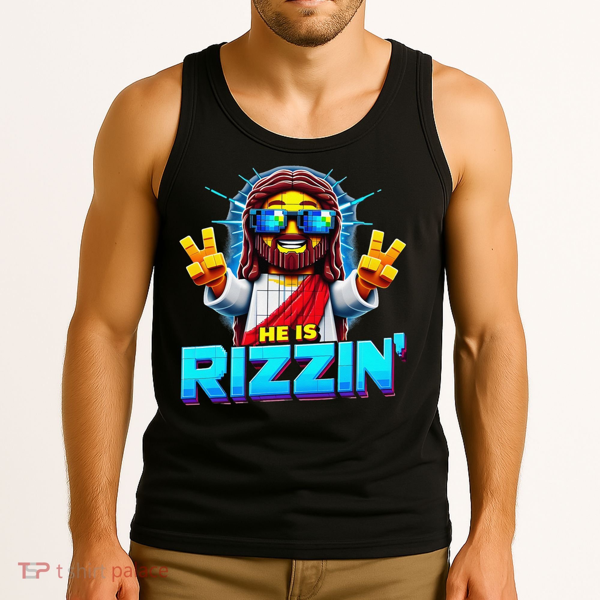 He Is Rizzen Jesus Has Rizzen Retro Christian Pixel Gaming Gift Tank Top