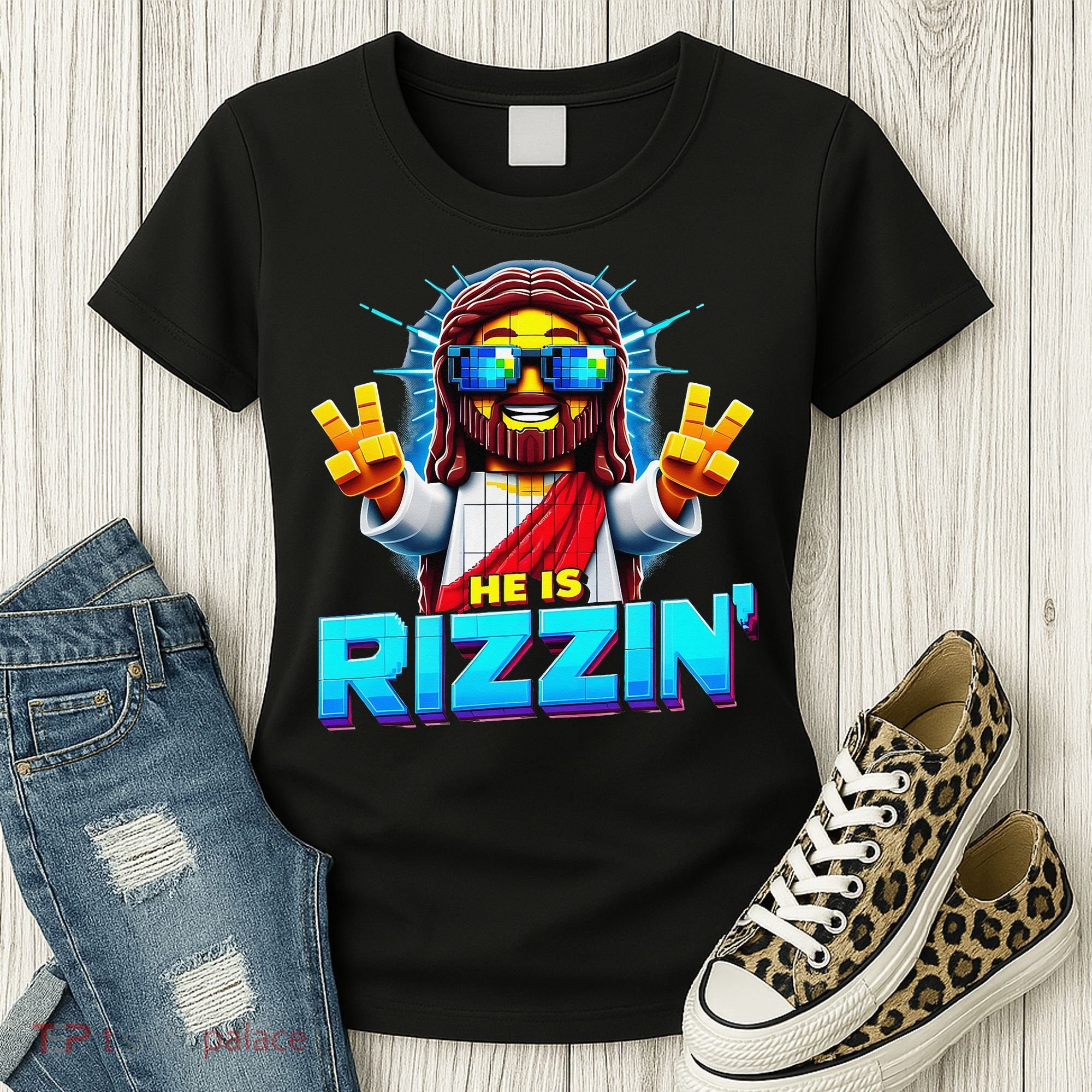 He Is Rizzen Jesus Has Rizzen Retro Christian Pixel Gaming Gift Women's T-Shirt