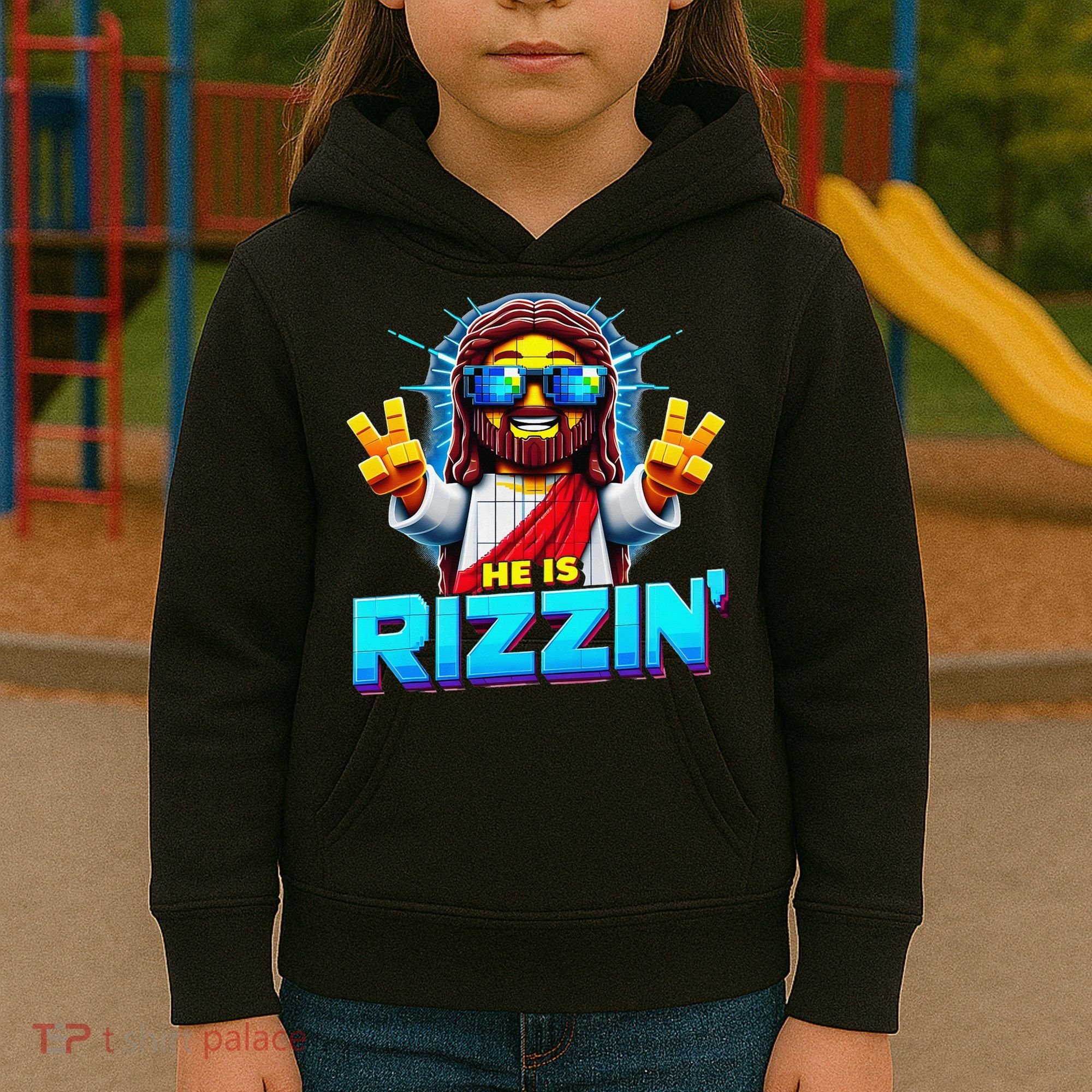 He Is Rizzen Jesus Has Rizzen Retro Christian Pixel Gaming Gift Kids Hoodie