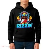He Is Rizzen Jesus Has Rizzen Retro Christian Pixel Gaming Gift Kids Hoodie thumb 4