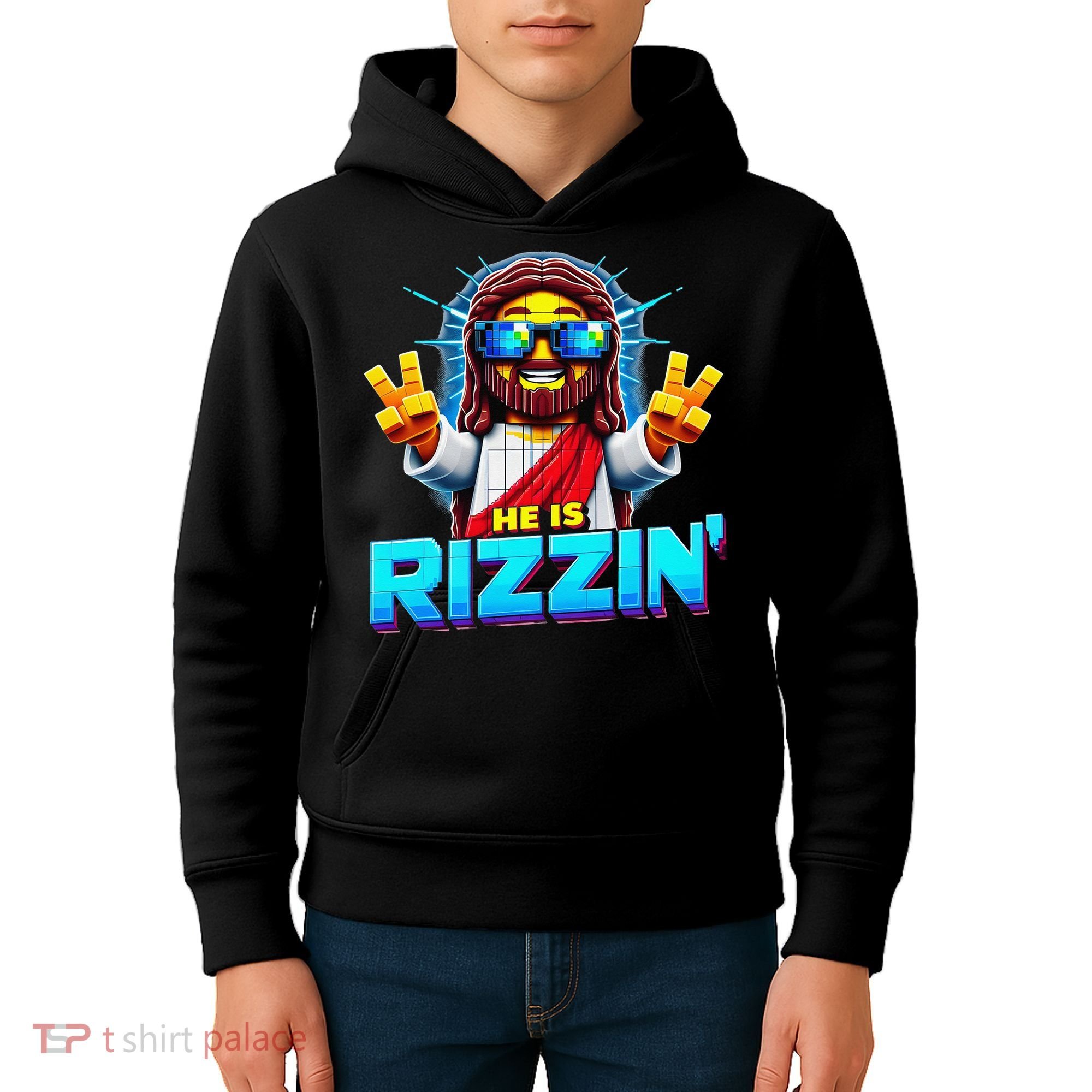 He Is Rizzen Jesus Has Rizzen Retro Christian Pixel Gaming Gift Kids Hoodie