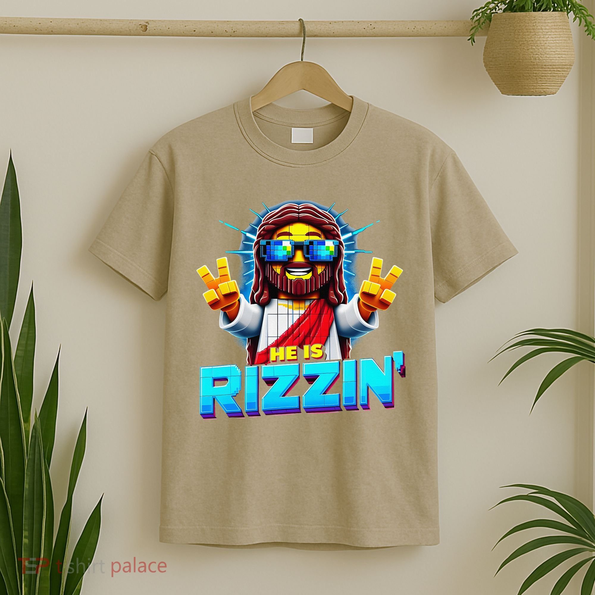 He Is Rizzen Jesus Has Rizzen Retro Christian Pixel Gaming Gift T-Shirt