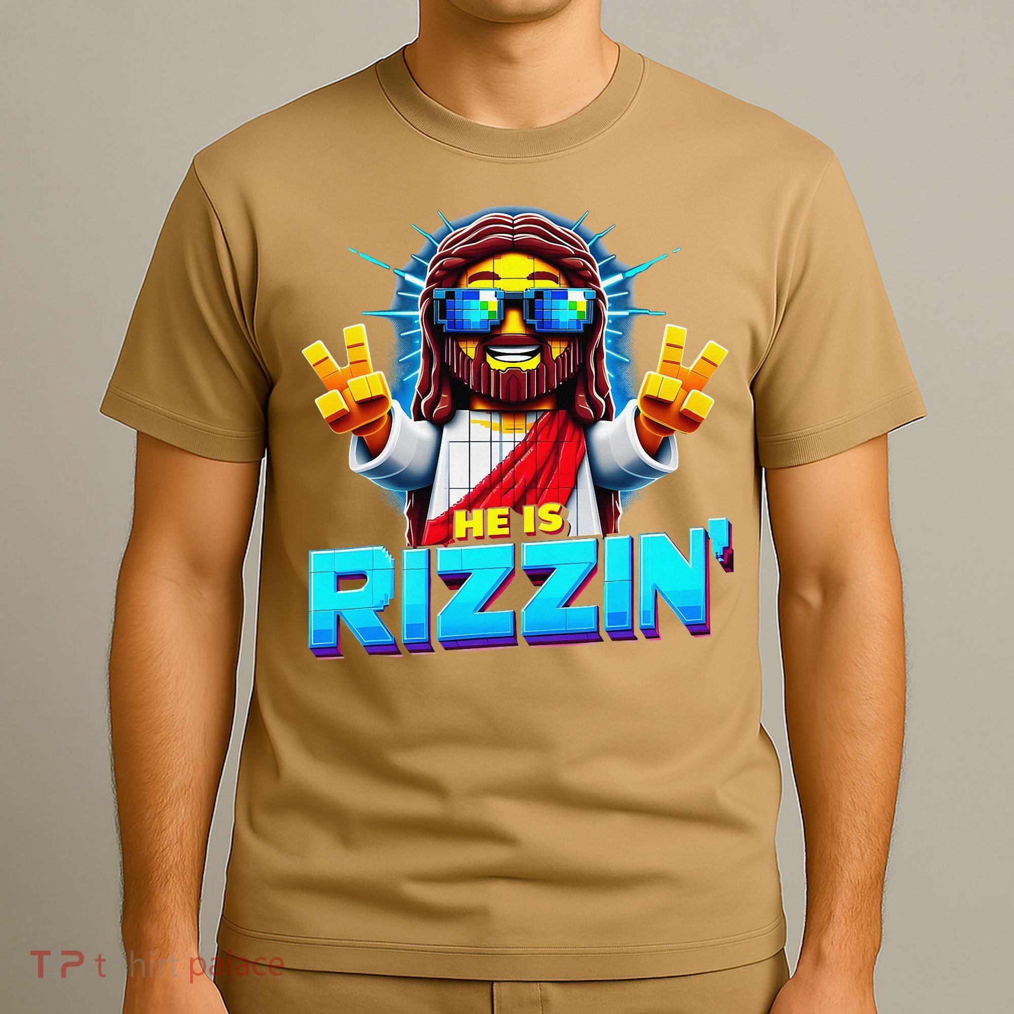 He Is Rizzen Jesus Has Rizzen Retro Christian Pixel Gaming Gift T-Shirt