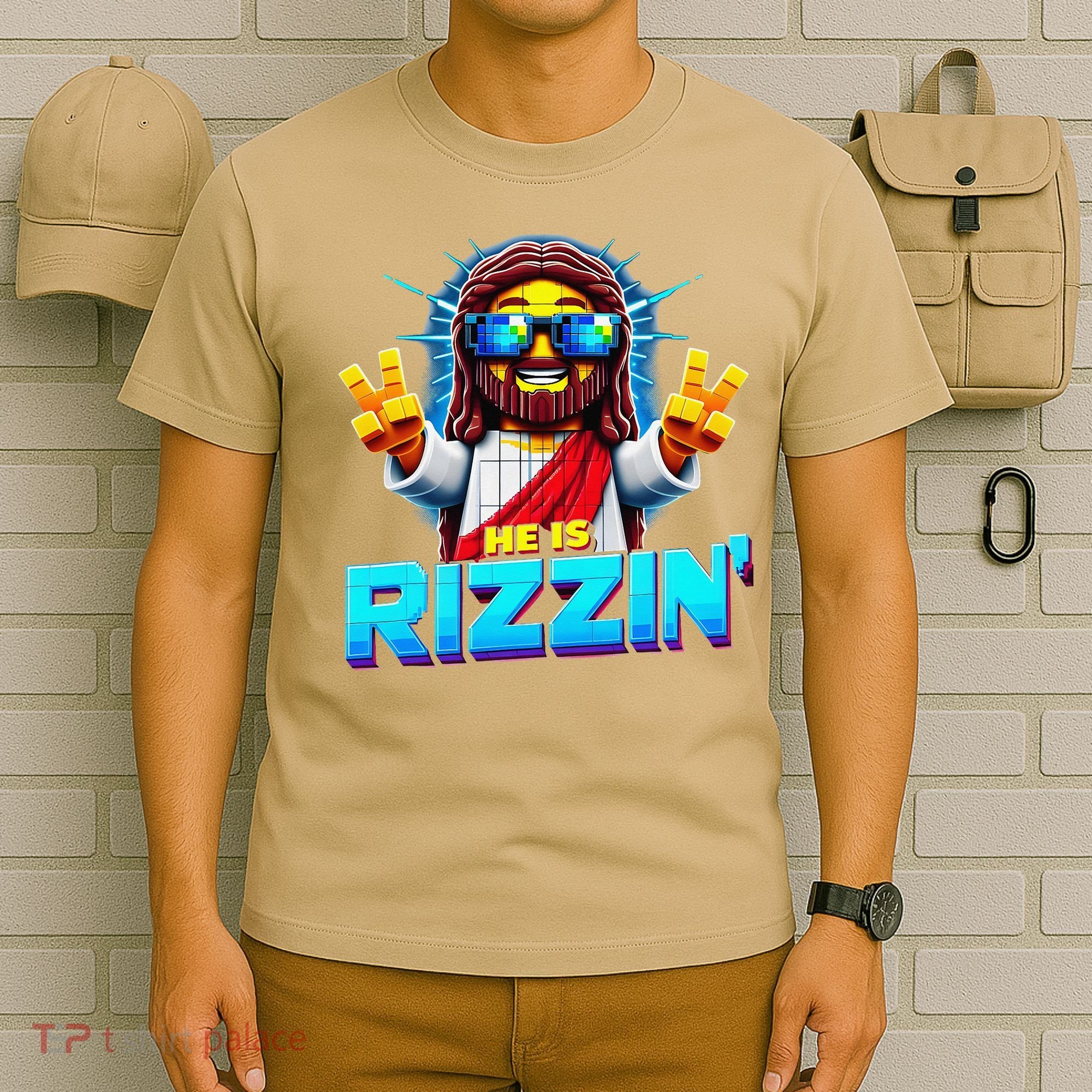 He Is Rizzen Jesus Has Rizzen Retro Christian Pixel Gaming Gift T-Shirt