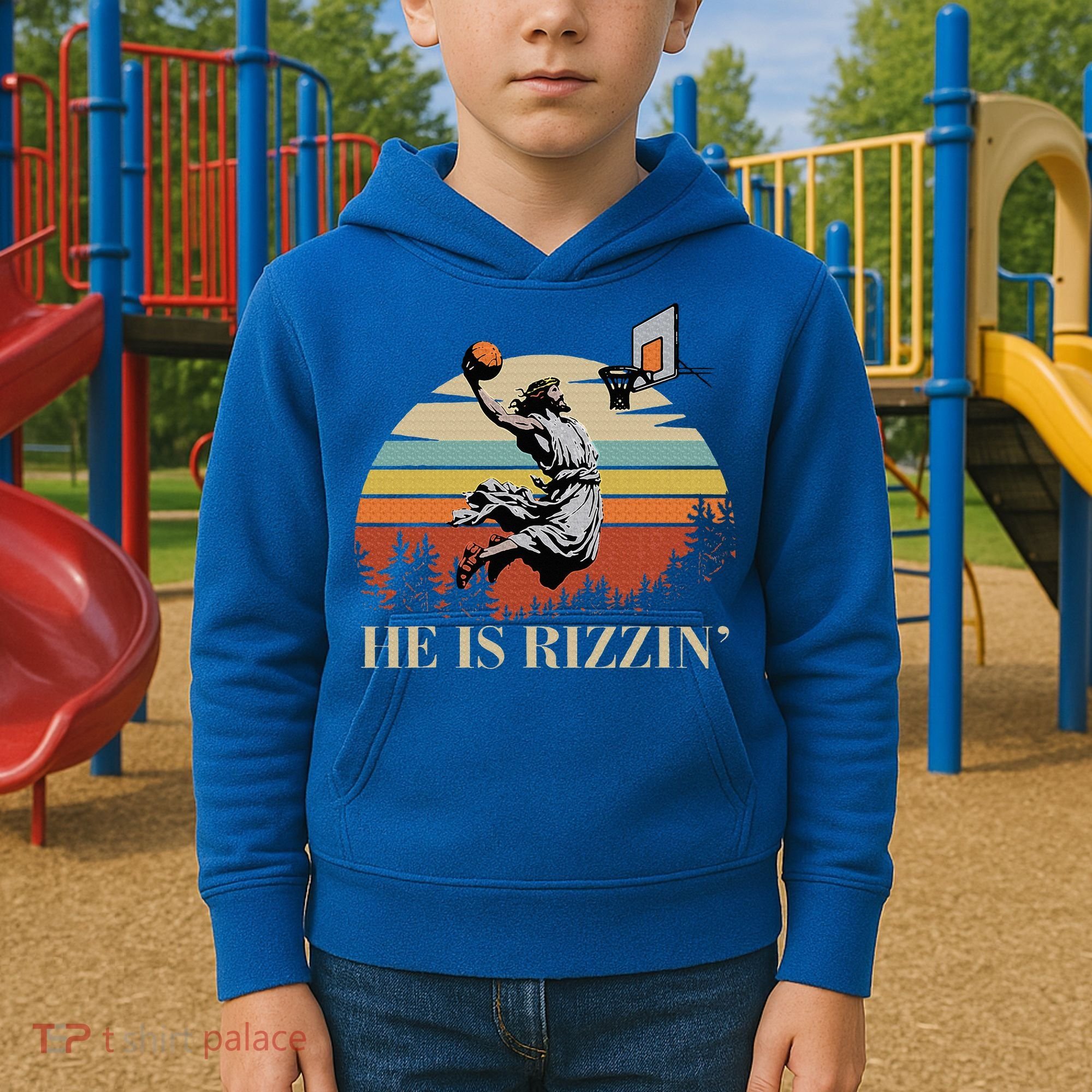 He Is Rizzin Jesus Playing Basketball Funny Easter Day Kids Hoodie