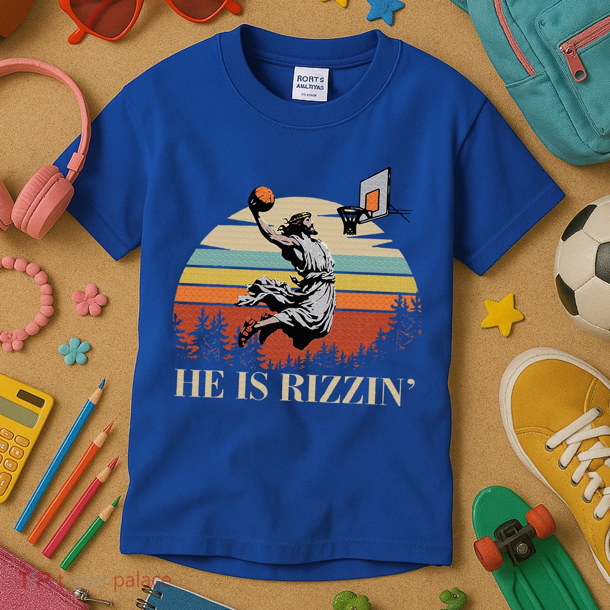 He Is Rizzin Jesus Playing Basketball Funny Easter Day Kids T-Shirt
