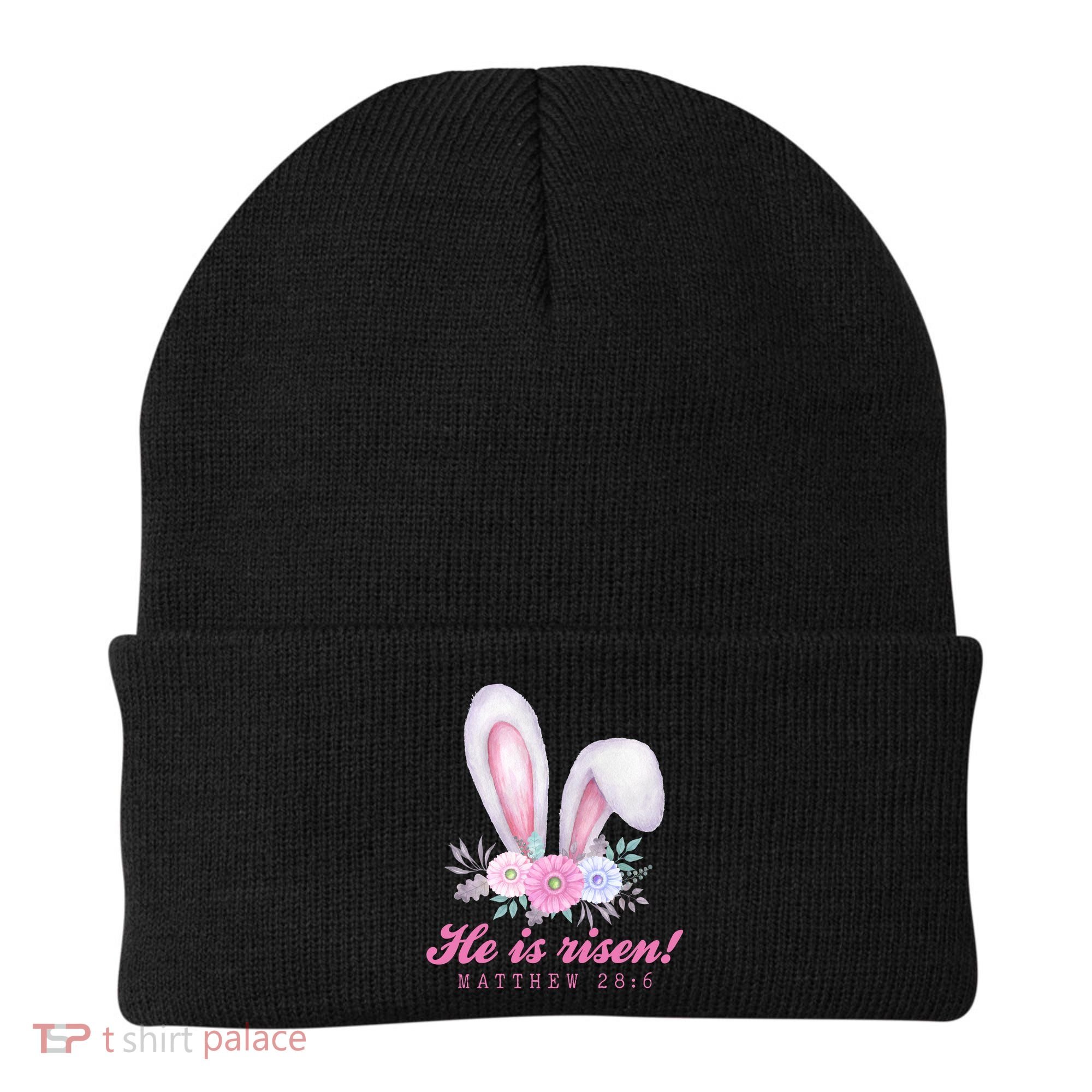 He Is Risen Easter Sunday Bunny Floral Beanie