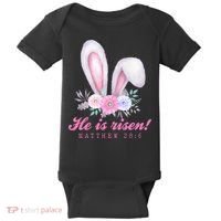 He Is Risen Easter Sunday Bunny Floral Baby Bodysuit thumb 0