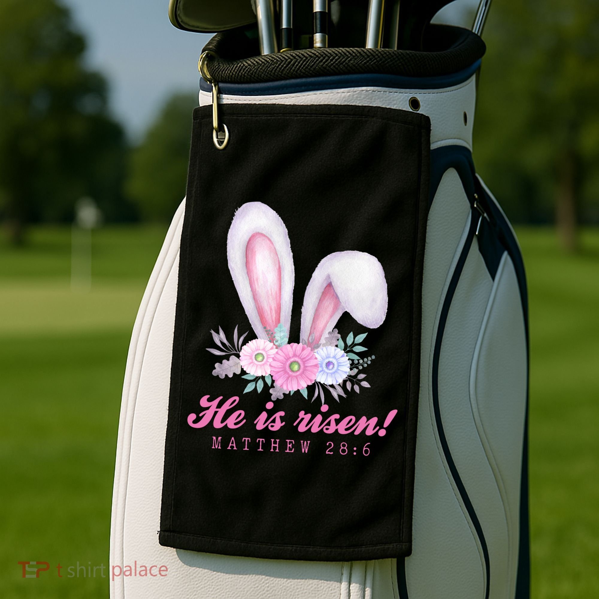 He Is Risen Easter Sunday Bunny Floral Golf Towel
