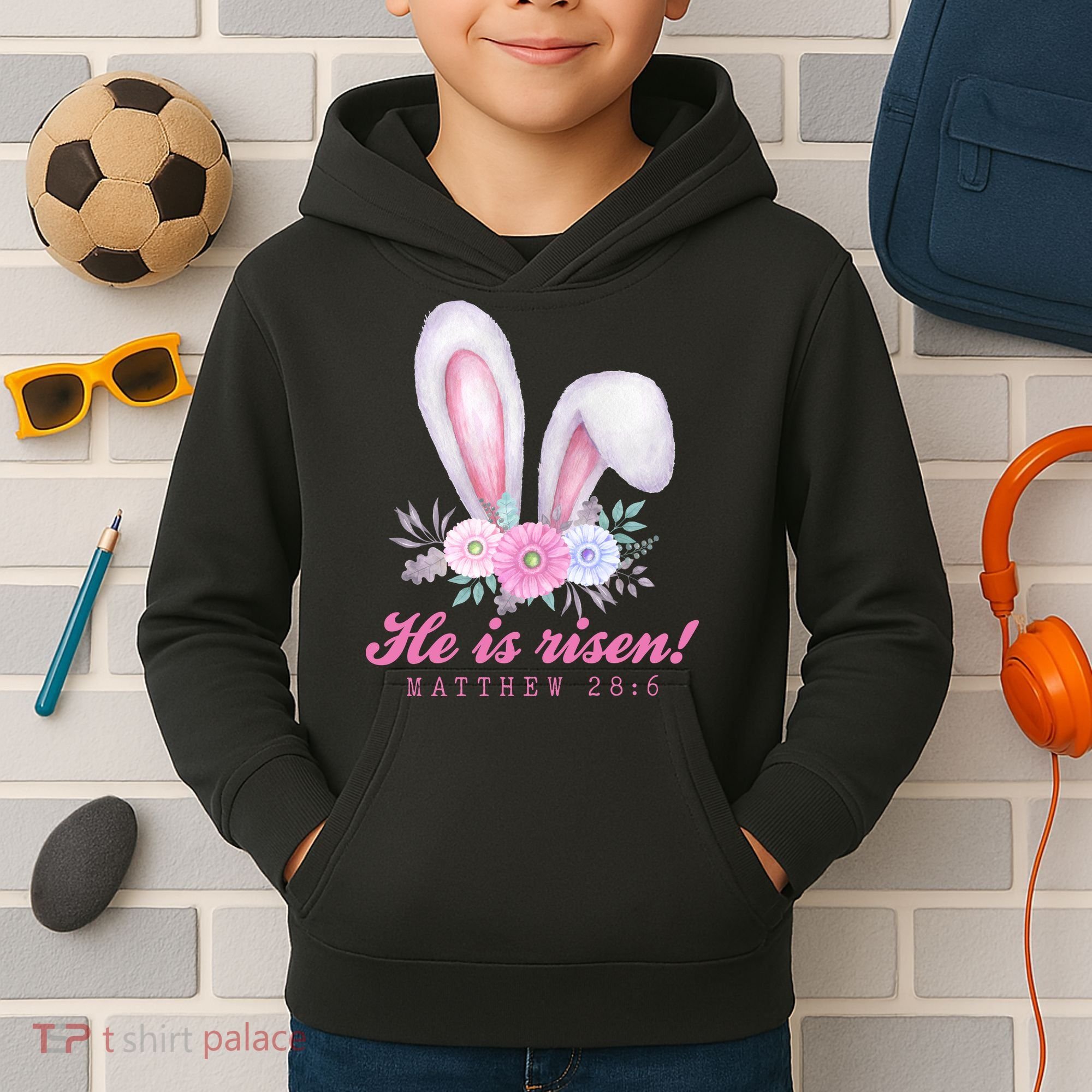 He Is Risen Easter Sunday Bunny Floral Kids Hoodie