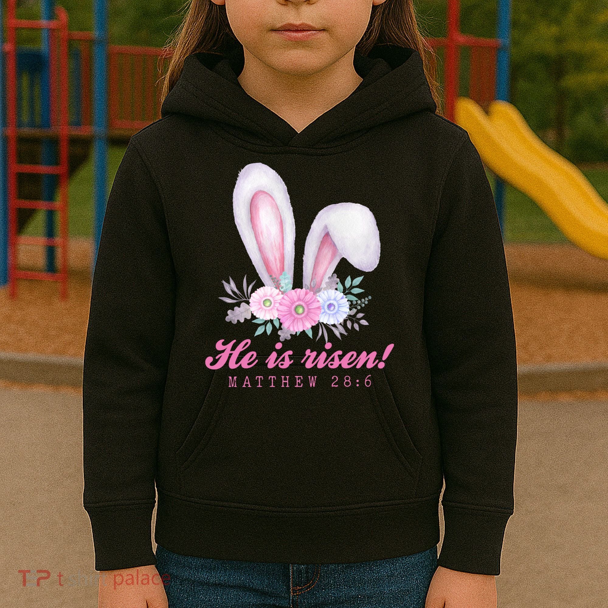 He Is Risen Easter Sunday Bunny Floral Kids Hoodie