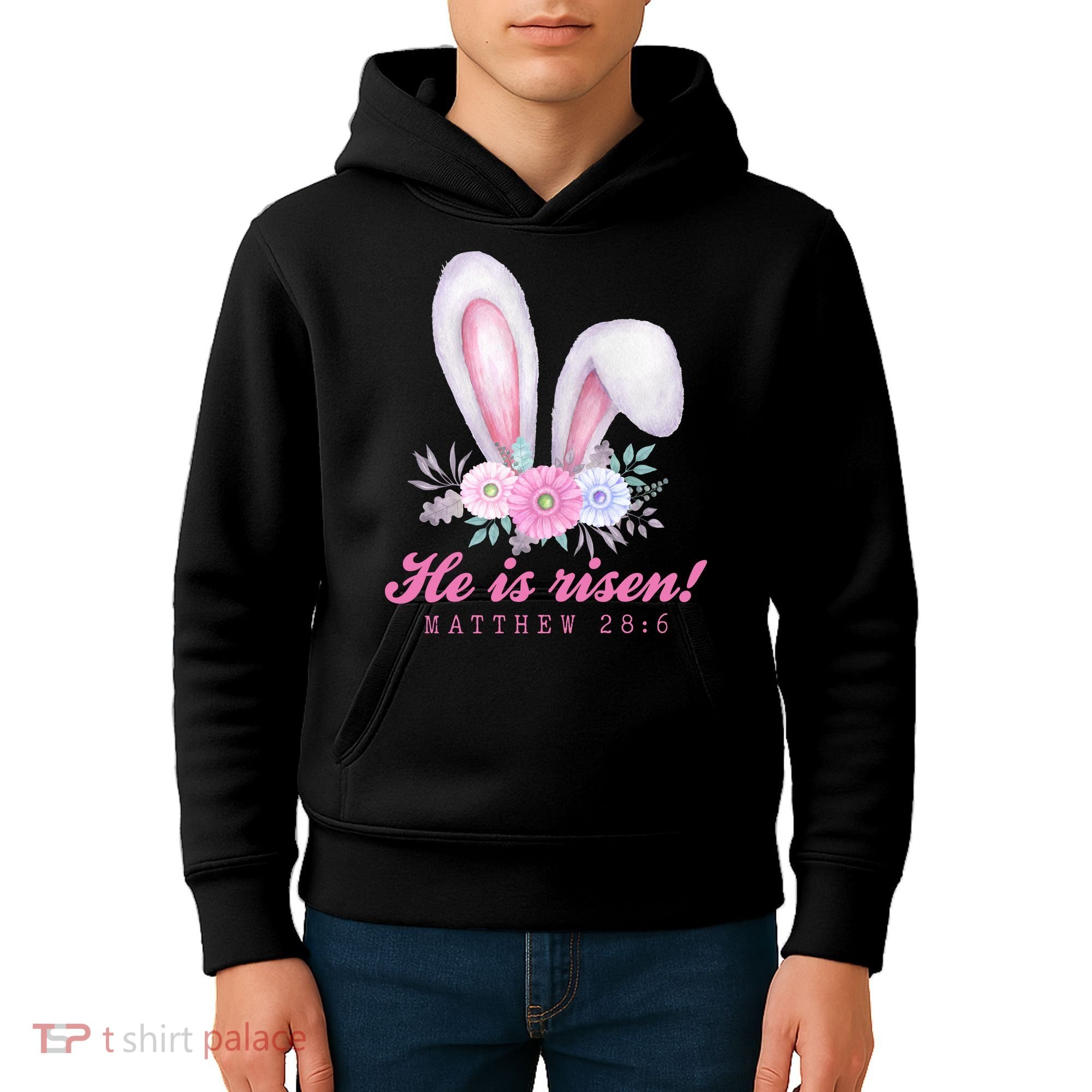 He Is Risen Easter Sunday Bunny Floral Kids Hoodie